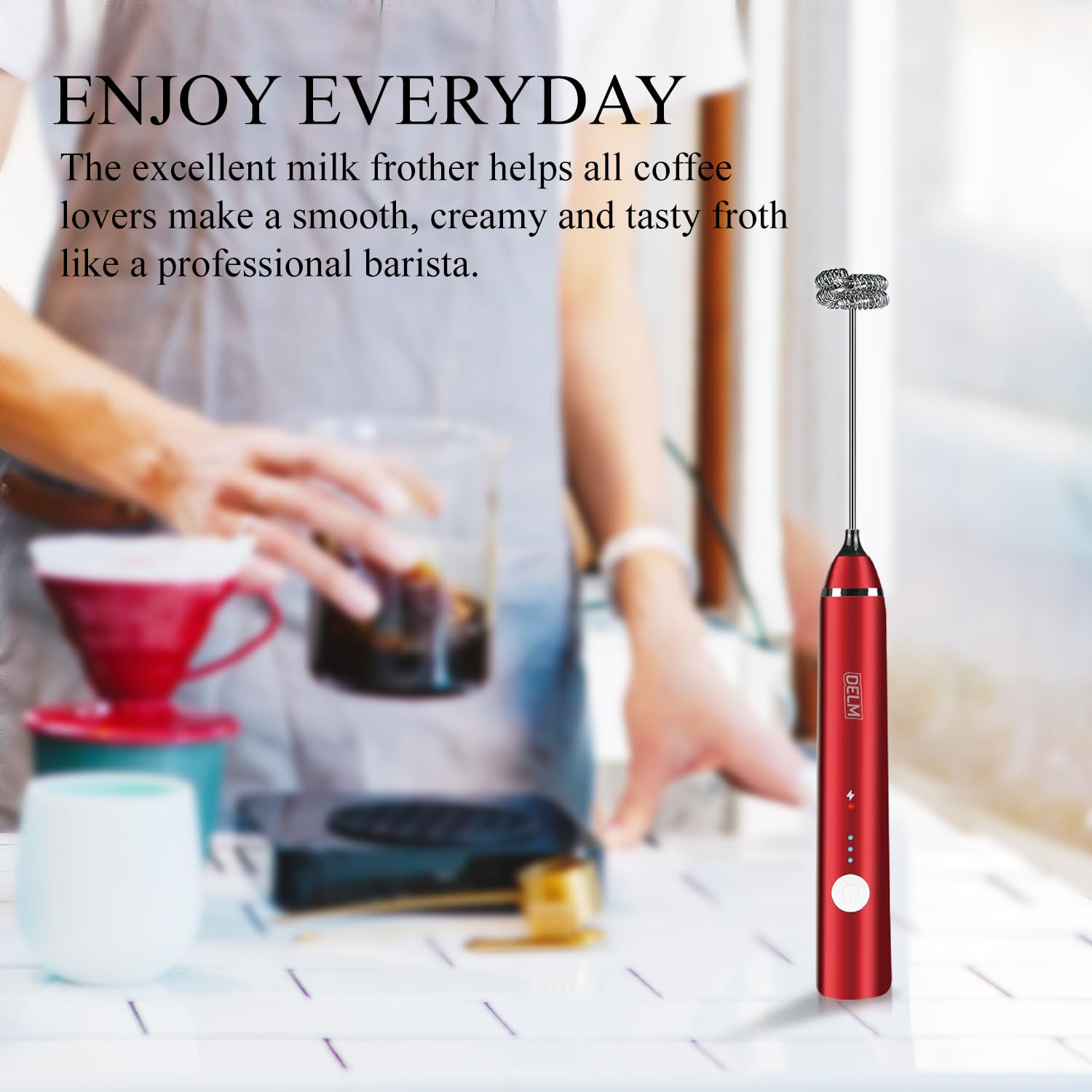 Delm Mousseur à lait électrique USB Accessoire en acier inoxydable (rouge)