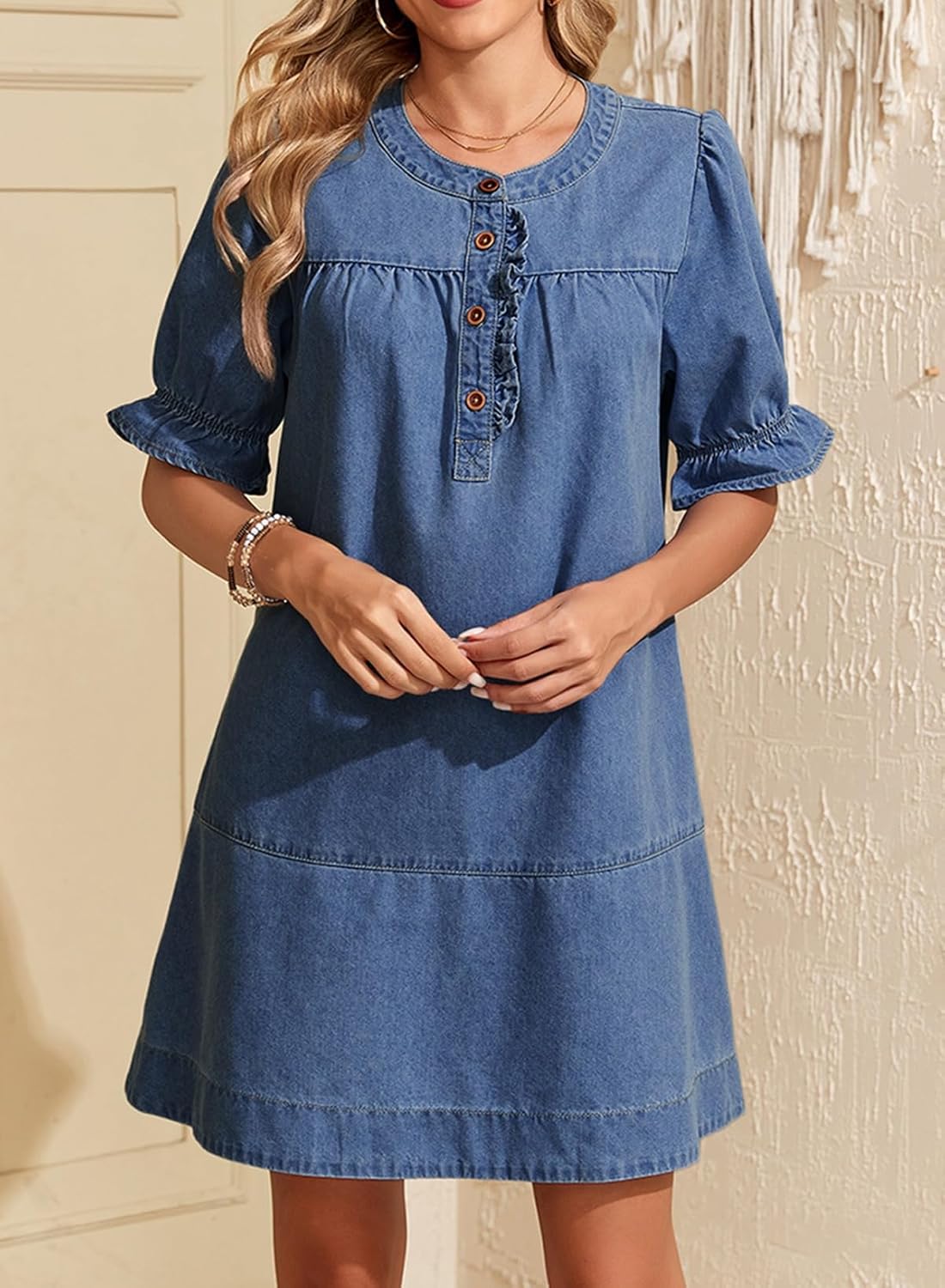 Dokotoo Women's Denim Dress 2026 Babydoll Dress Casual Ruffle Short Sleeve Button Jean Dresses - Image 4