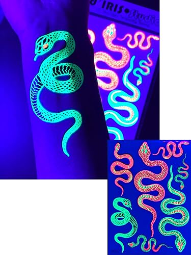Tatuajes temporales reactivos a los rayos UV – 1 hoja de diseño de serpiente, pintura corporal, accesorios de festival de luz negra, suministros de