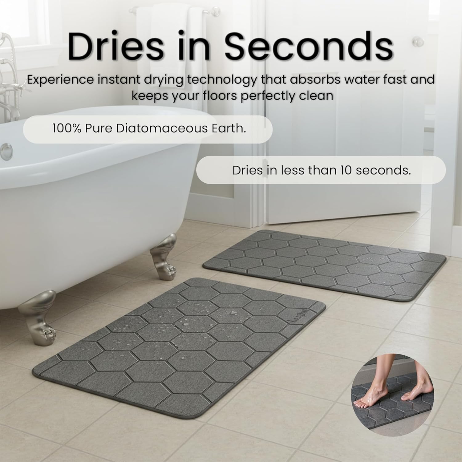 Stone Bath Mat - Premium Instant Absorption Natural Diatomaceous Earth Shower Mat 24"x16", Anti-Mold - Non-Slip Design, Ultra-Fast Drying Bathroom Floor Mat with Honeycomb Pattern, Gray - Image 3