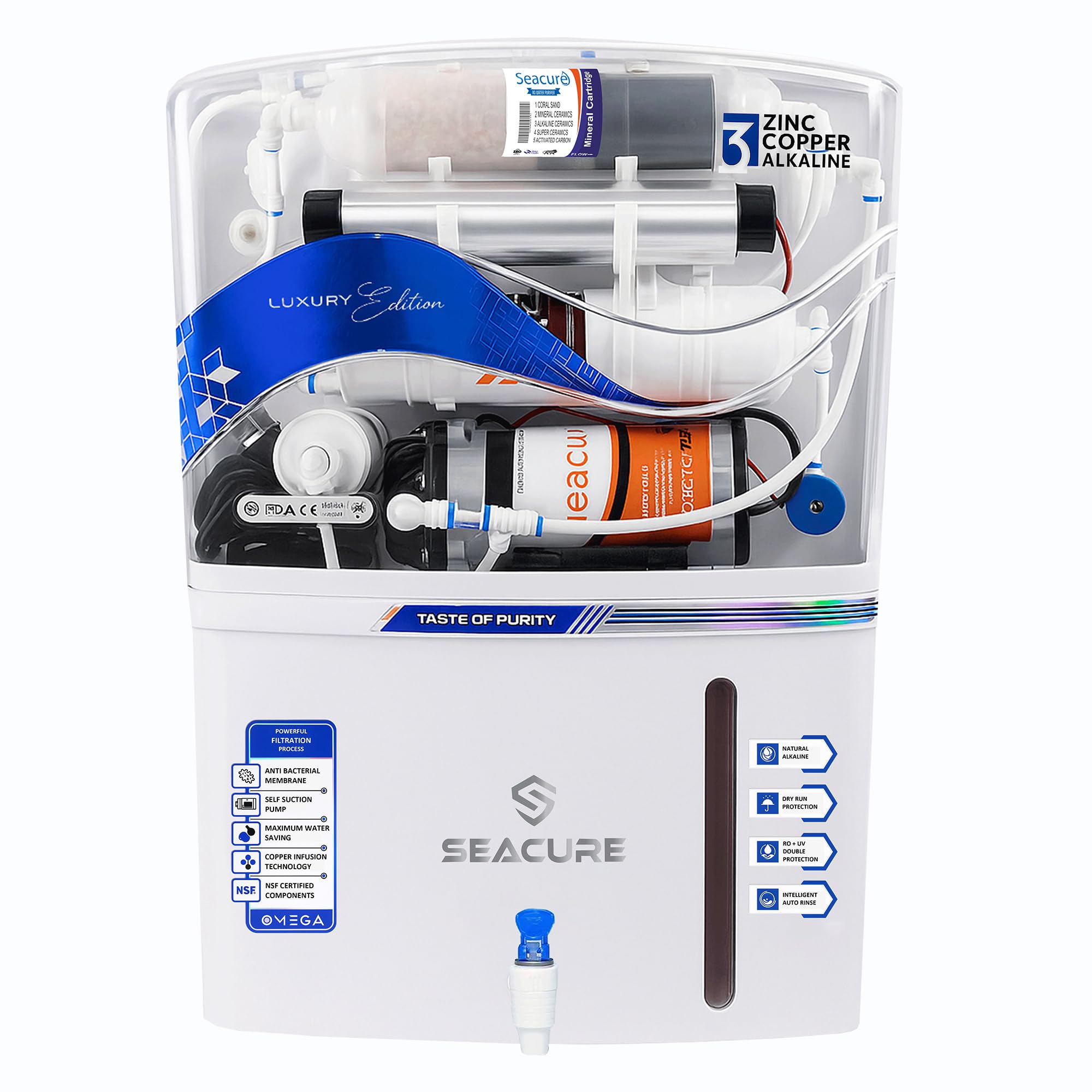 Seacure Omega RO Water Purifier | RO+UV+UF+TDS Control+Copper+Alkaline+Zinc | Fully Automatic 12 LPH Flow | Ideal for Borewell/Tanker/Municipal Water | 1-Year Warranty Best For Home & Office-image-12