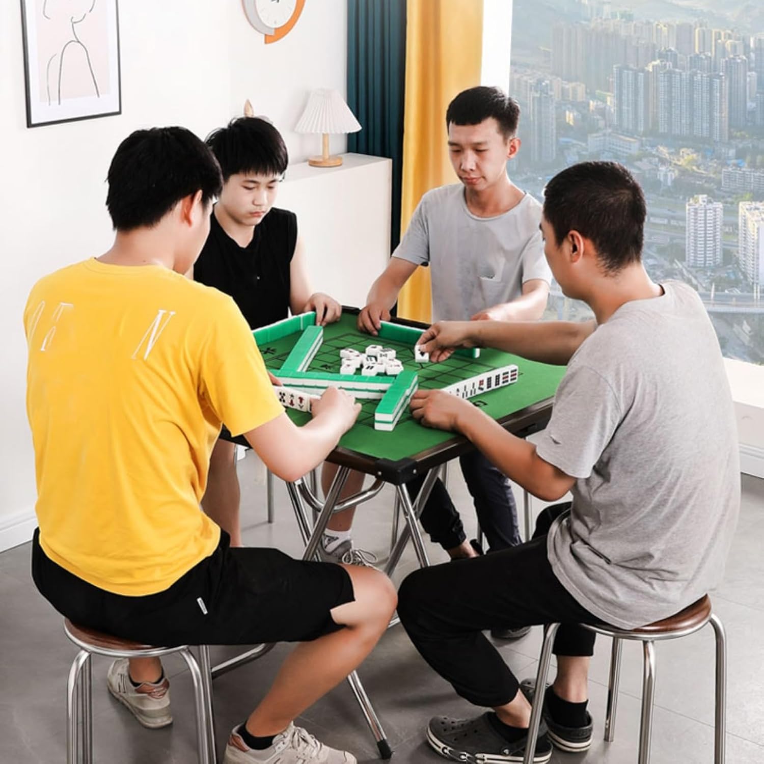 Mahjong Table for 4 Player Card, Wooden Mahjong Folding Table with Drawer, Portable Party Game Desktop Square Games Tables, Easy Assembly