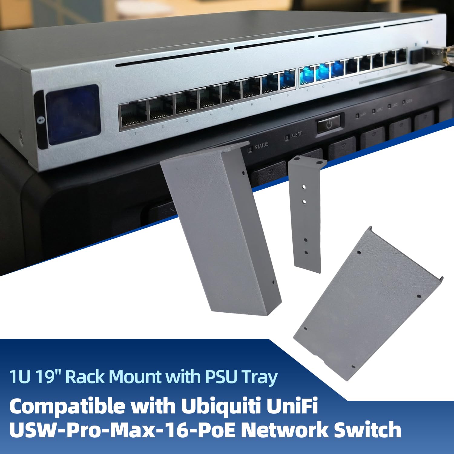 1U 48,3 cm (19 Zoll) Rackhalterung mit Netzteil-Schale für Ubiquiti UniFi USW-Pro-Max-16-PoE | Kompatibel mit Ubiquiti UniFi USW-Pro-Max-16-PoE Netzwerk-Switch, belüftete Halterung, robuste Upgrades