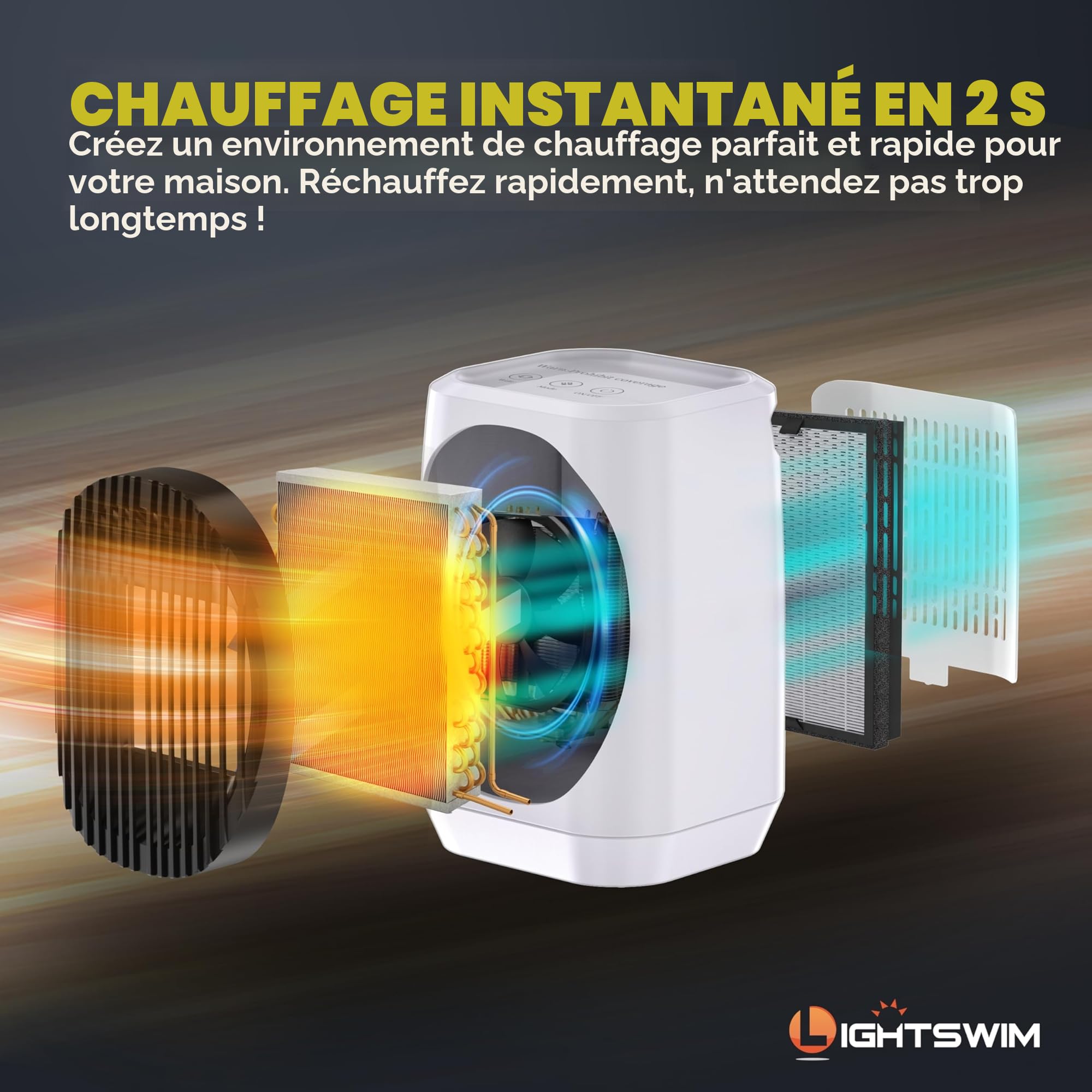 Lightswim Chauffage d'appoint électrique portable oscillant à 70°, 1200 W PTC en céramique avec 3 modes, mini chauffage/refroidisseur pour bureau, chambre, intérieur (blanc)