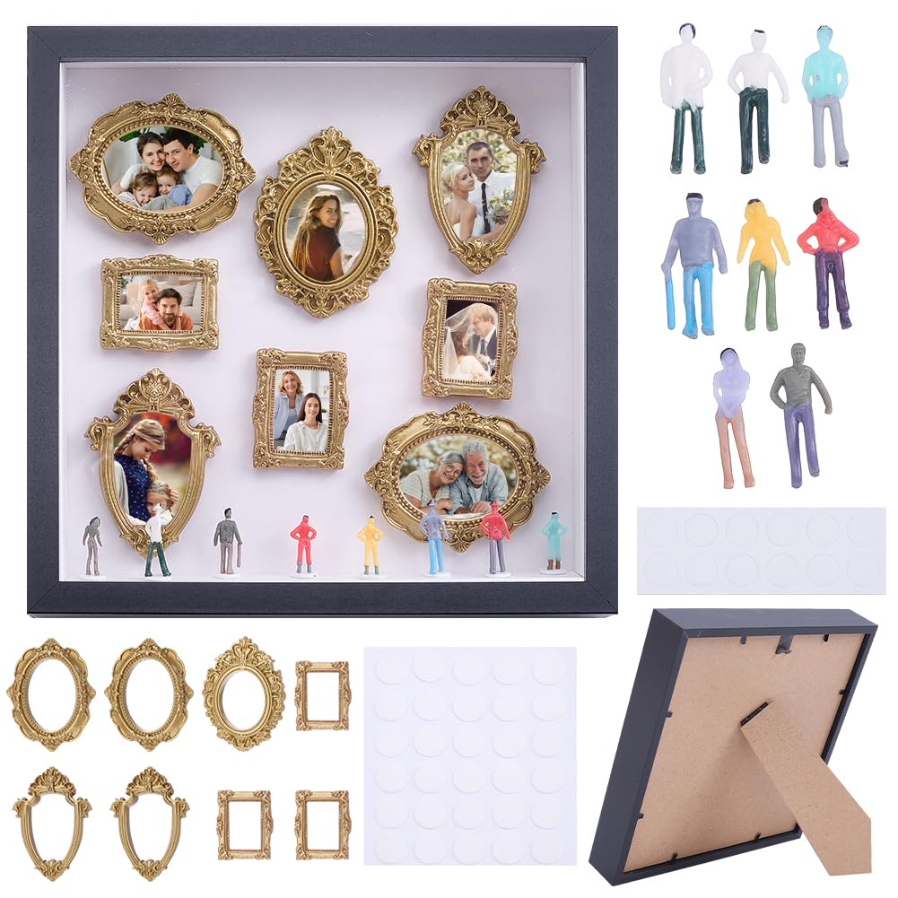 Vitrine cadre photo famille bricolage miniature et silhouettes dorees