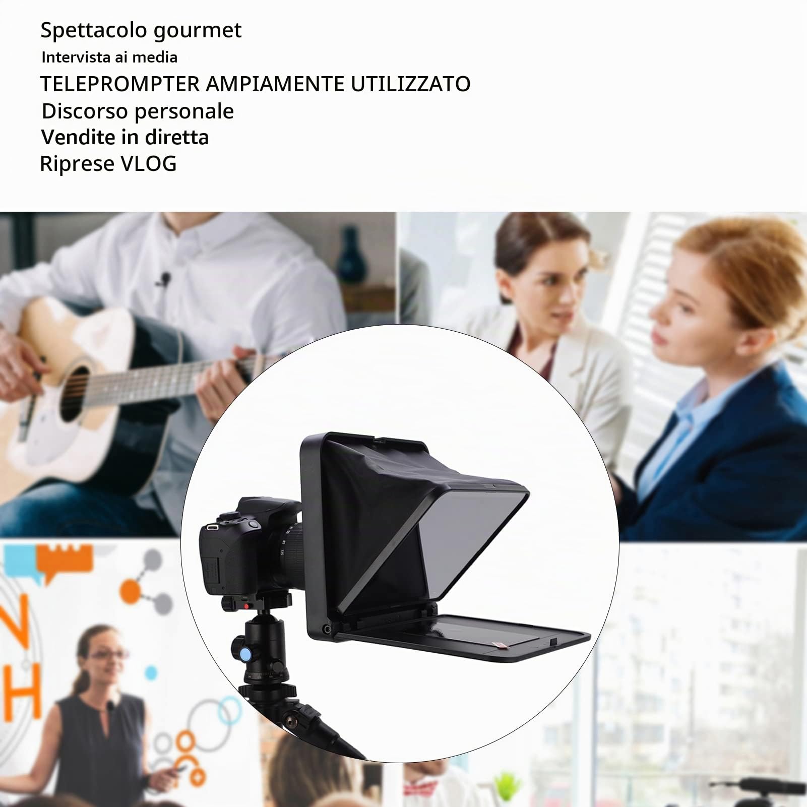 Bewinner Teleprompter con Telecomando, Teleprompter Portatile Pieghevole con Anello Adattatore da 49 Mm, 52 Mm, 58 Mm, 62 Mm, 67 Mm, 72 Mm, 77 Mm per Fotocamera SLR Tablet Smartphone