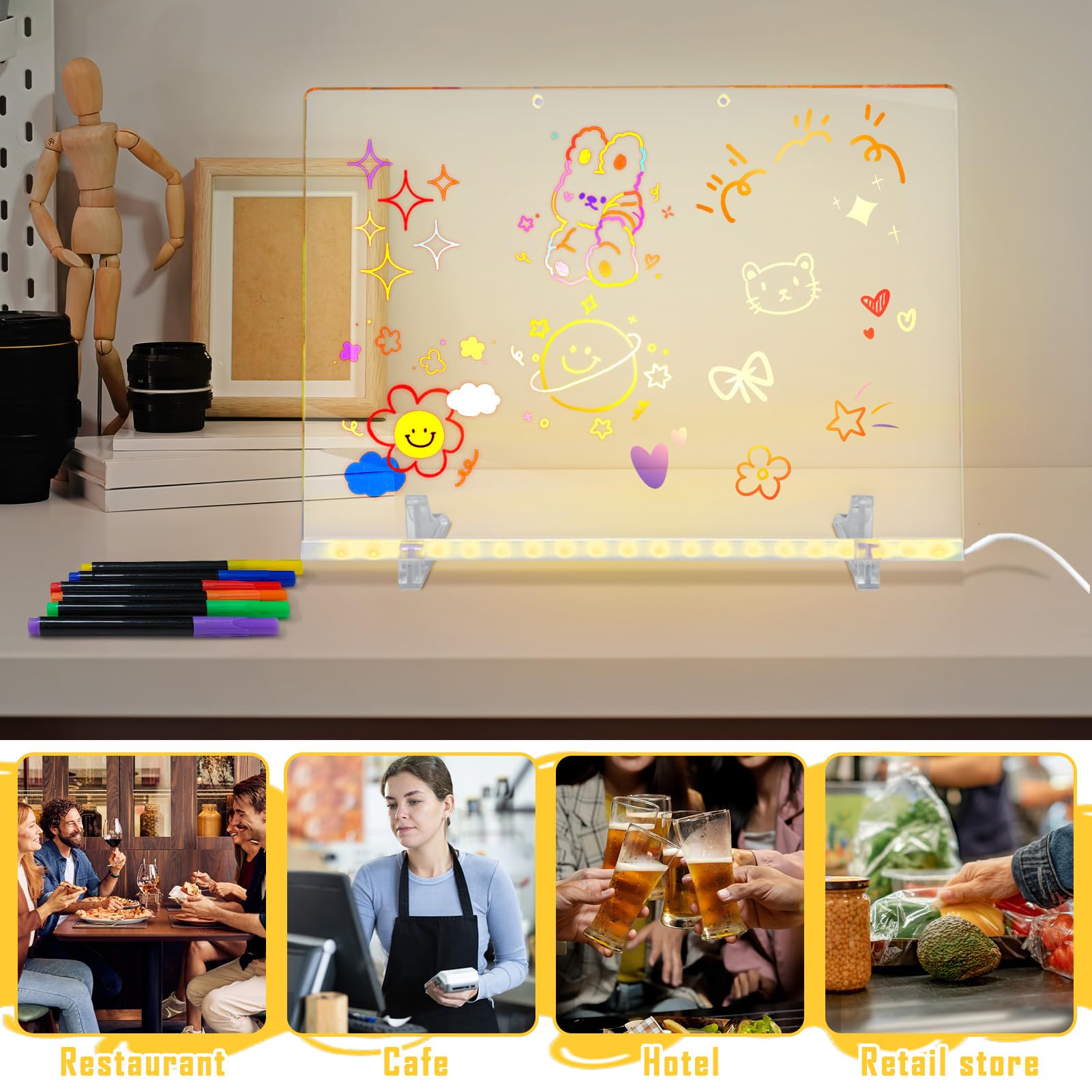 Pizarra LED Transparente 35x25 Acrílico con Lápiz 7 Colores Soporte Ajustable Luminosa Lavable