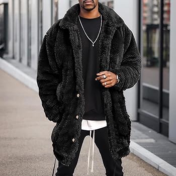 CHXLQQX Mens Fuzzy Sherpa Mid Length Coat Button Down Front with