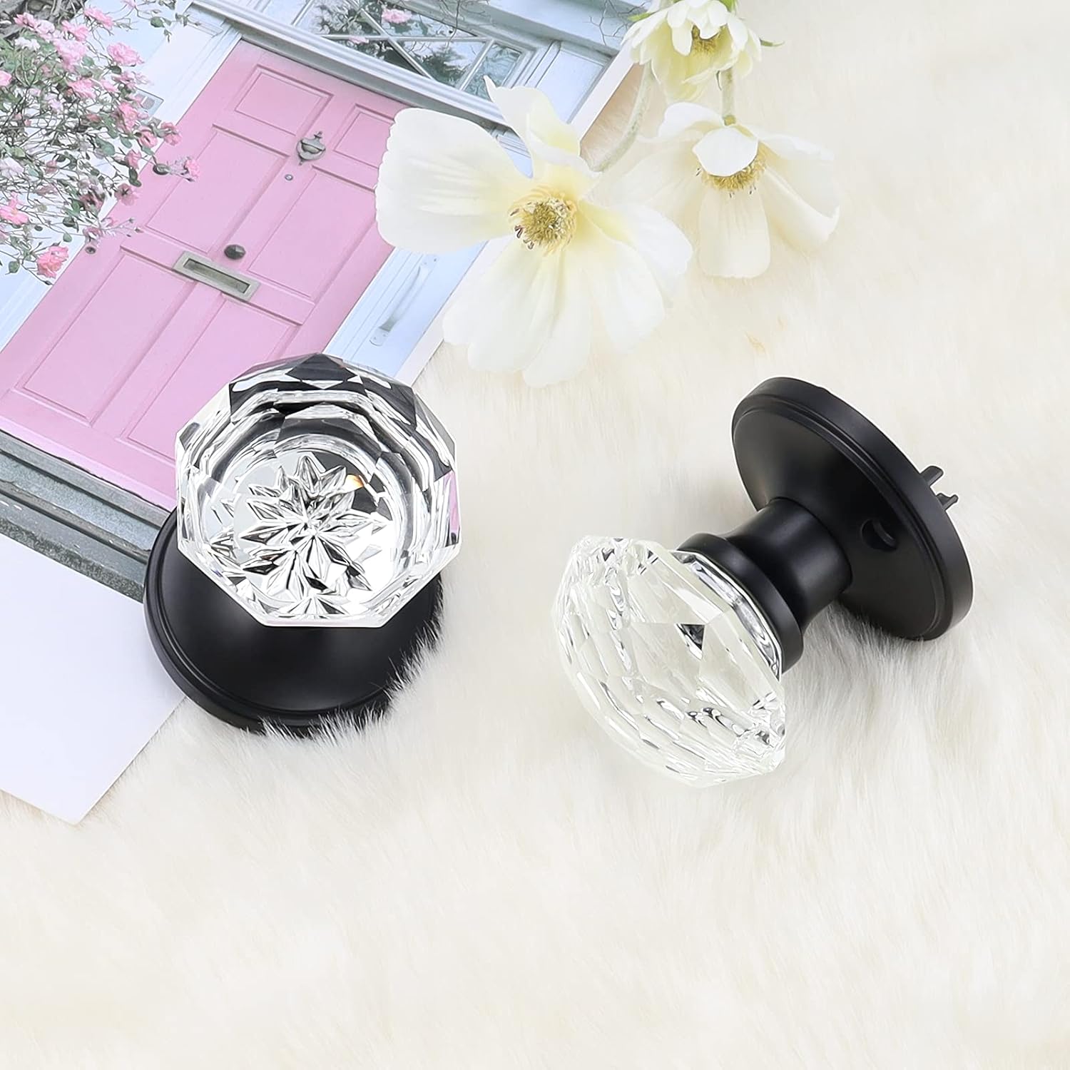 Gobrico Diamond Door Knobs 3 Pack Matte Black Finished Crystal Glass Doorknobs Octagon Style Interior Close Hall Locks Pantry Passage Door Handles with Classic Rosette