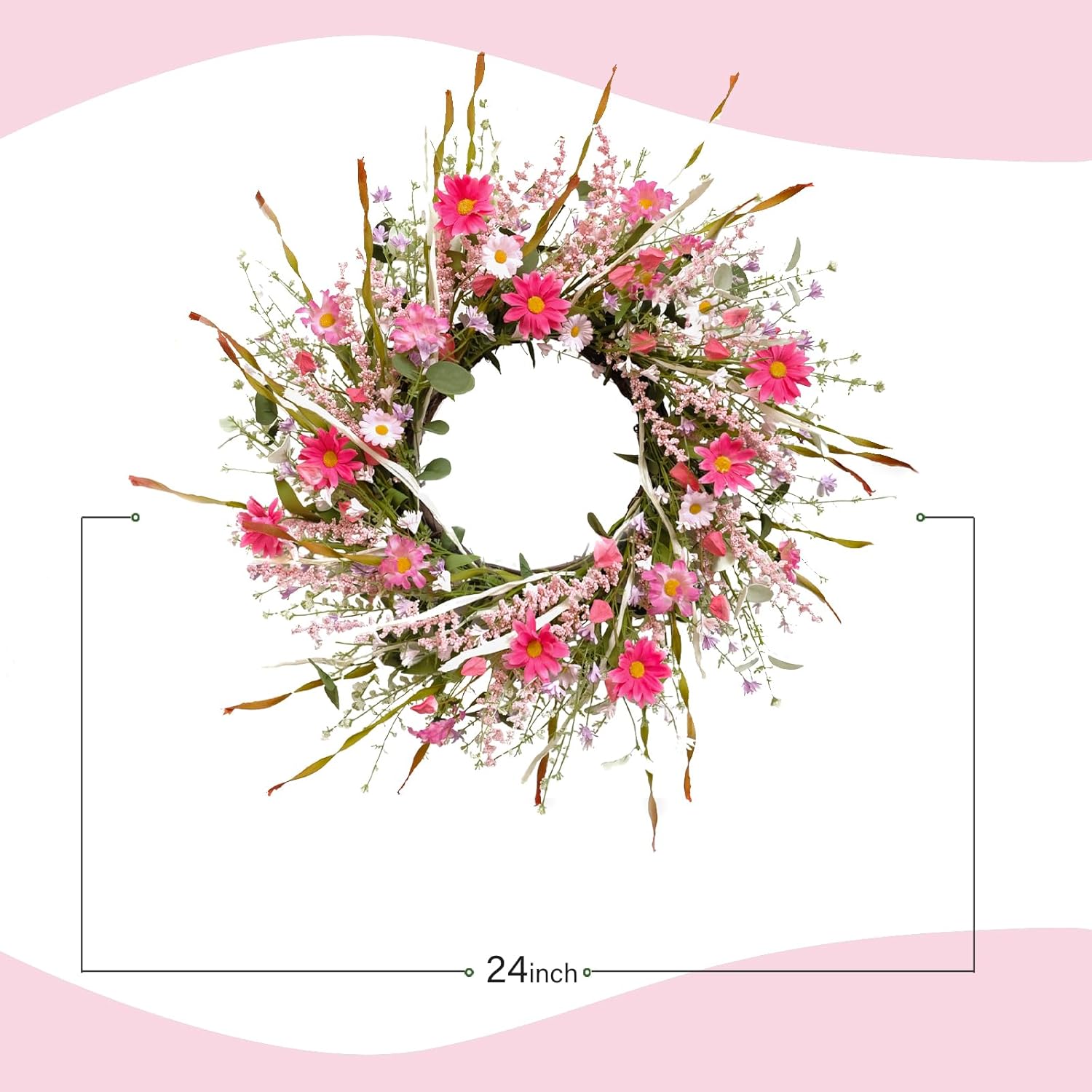 TEMPUS 24 Inch Artificial Spring and Summer for Front Door Wreath Pink Daisy and Lavender Wreath Garden Party Home Wall Wedding Decor