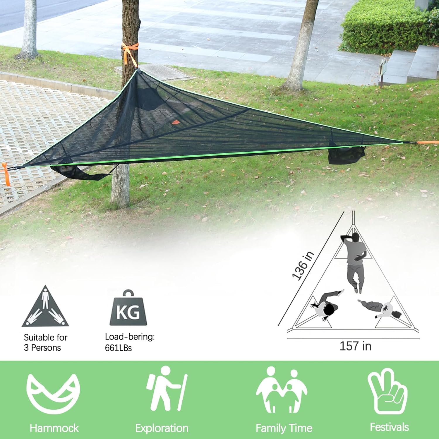 Hamaca triangular para camping, viaje portátil al aire libre de 13 pies, soporta hasta 800 libras, incluye 3 correas de amarre de trinquete y bolsillo de red, se adapta a 2-6 adultos o niños