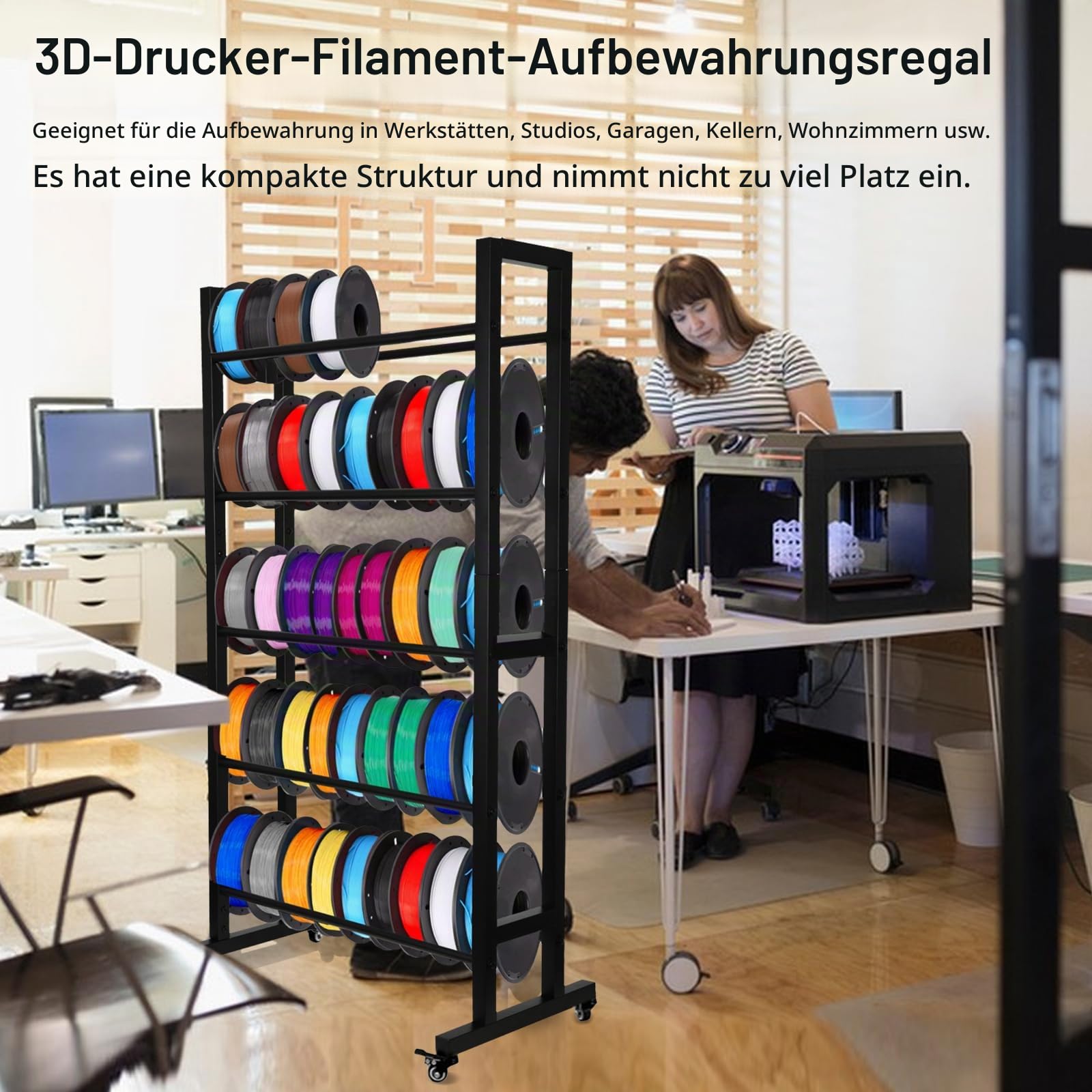 5 Ebenen Filament Lagerregal für 3D-Drucker, 130x70x22cm Aufbewahrungsständer für 3D-Druckfilamente Kompatibel mit PLA ABS PETG TPU WOOD, Filamentspulenhalter mit Scrollrad für Druckstudio Werkstatt