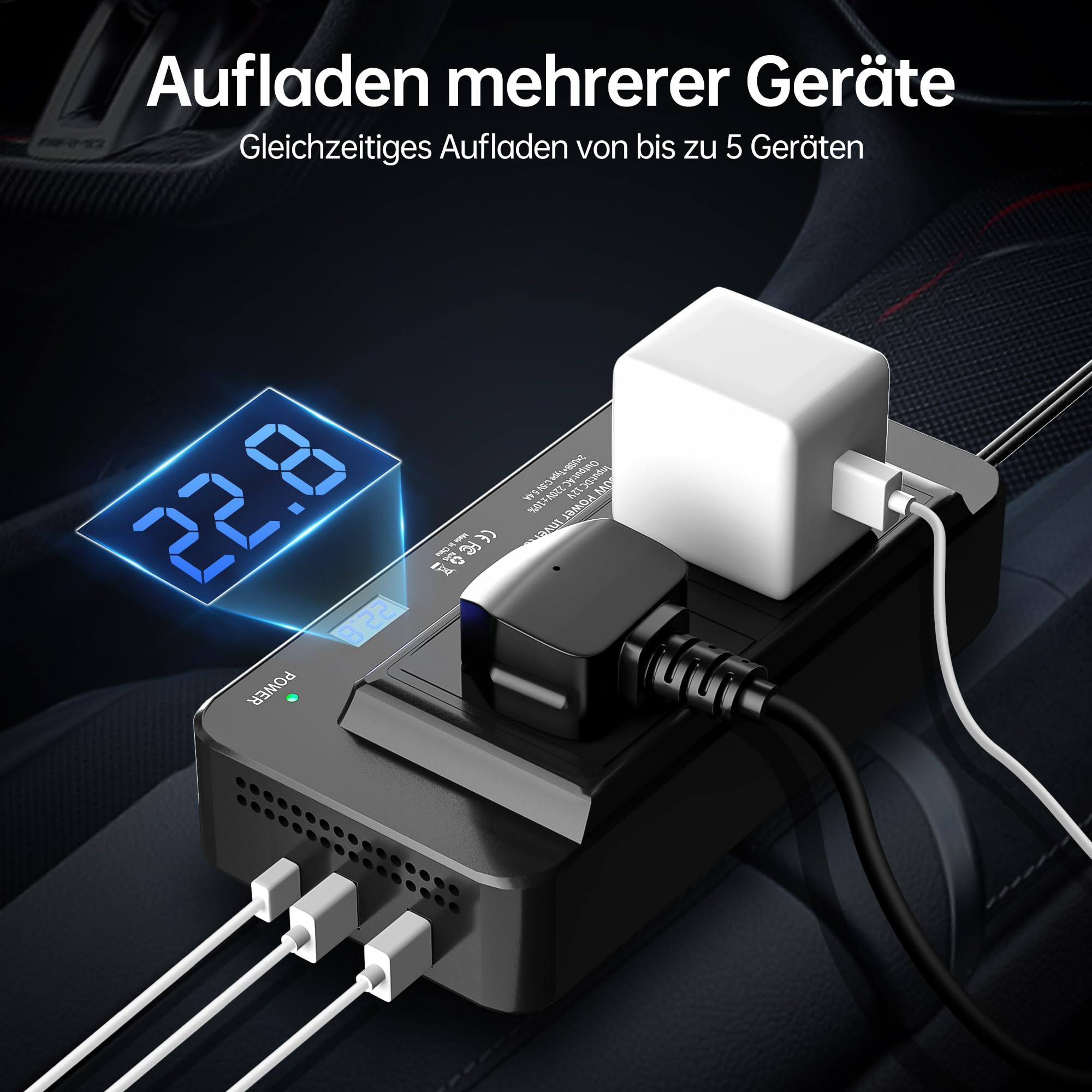 200W Wechselrichter 12V auf 230V Auto Spannungswandler, Stromwandler mit 2 Auto Steckdose/Type-C & 2 USB Anschlüsse und Zigarettenanzünder Verteiler für Handys, für Laptop, iPad, DashCam