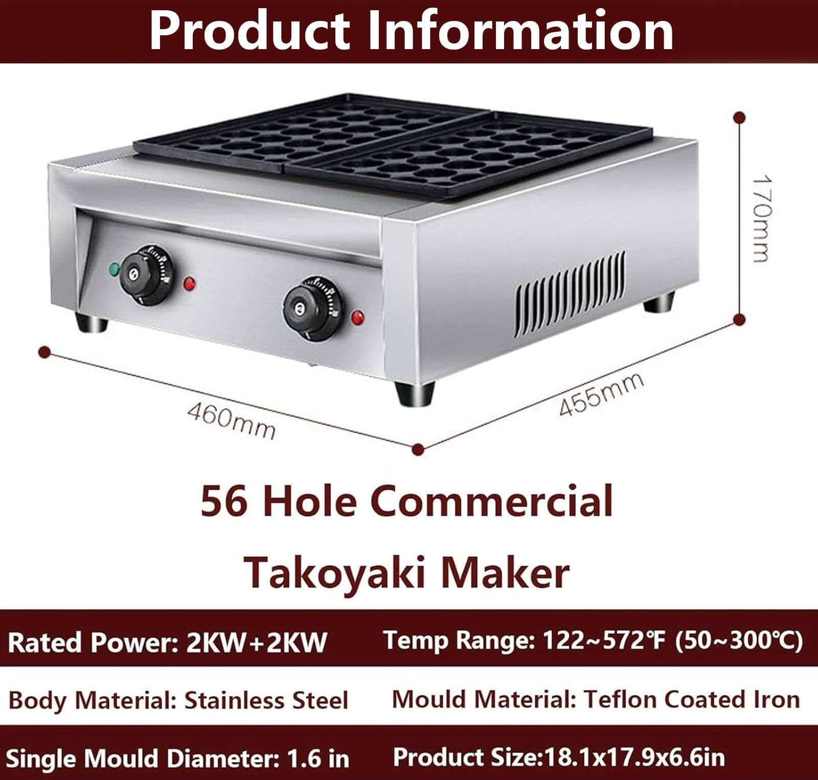 Padella antiaderente Takoyaki – Macchina elettrica a 56 fori con temperatura regolabile, efficienza energetica, riscaldamento uniforme per un takoyaki perfettamente cotto