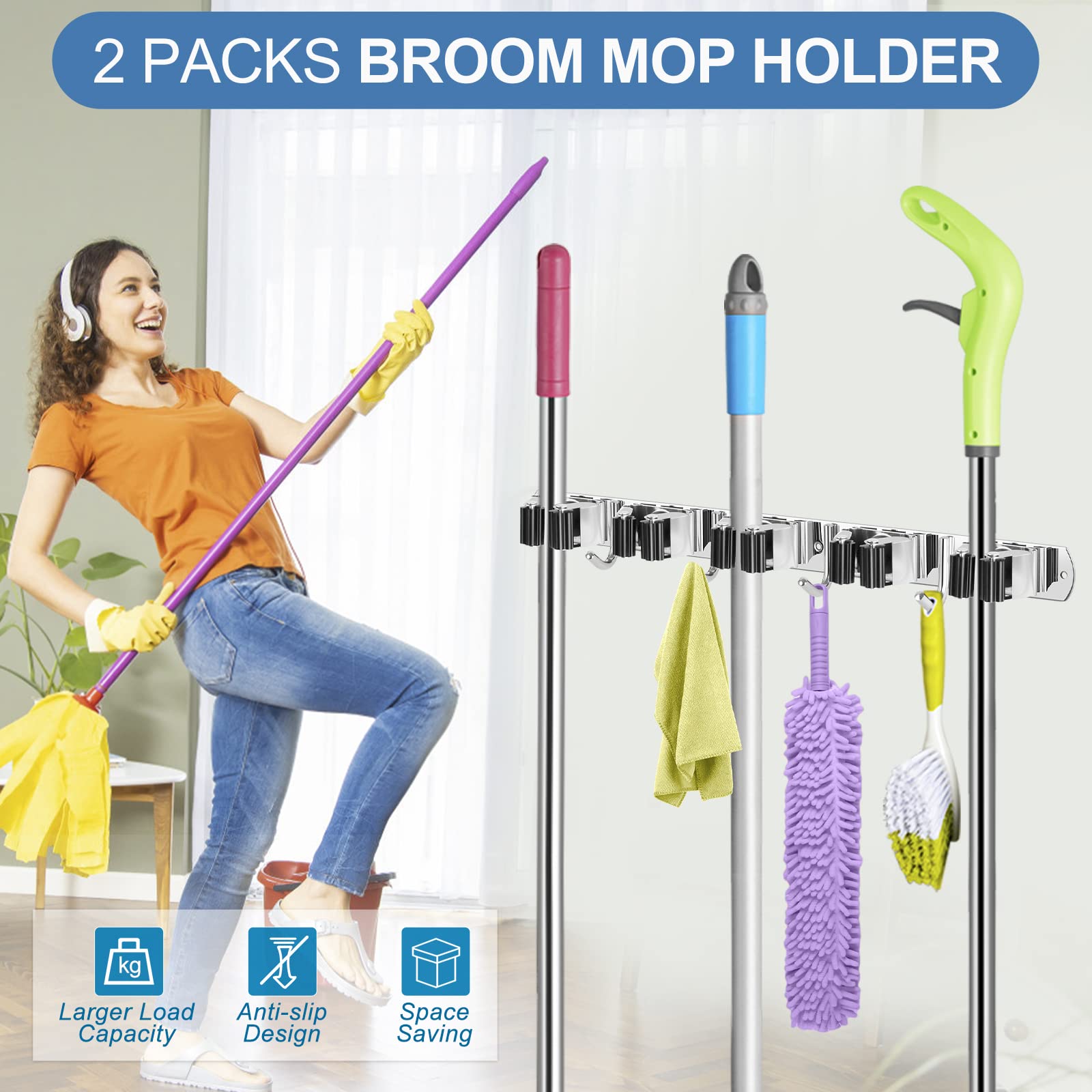 2 Pack IMILLET Broom and Mop Holder Wall Mounted, Stainless Steel Broom Holder Mop Holder Self