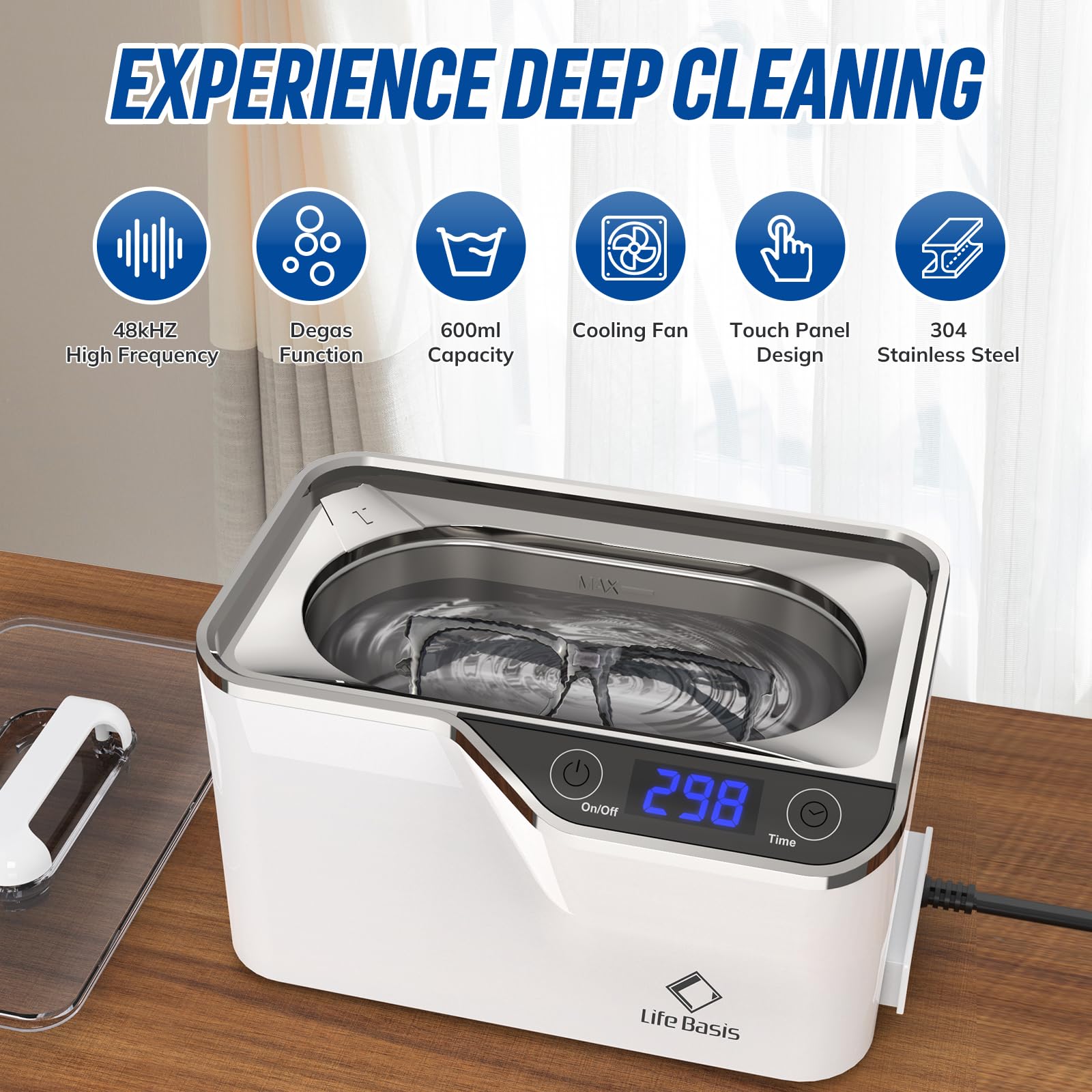 Urządzenie do czyszczenia ultradźwiękowego 48000Hz, LifeBasis 600ML, z funkcją odgazowania i 5 ustawieniami czasowymi do czyszczenia okularów, biżuterii, protez zębowych, zegarków