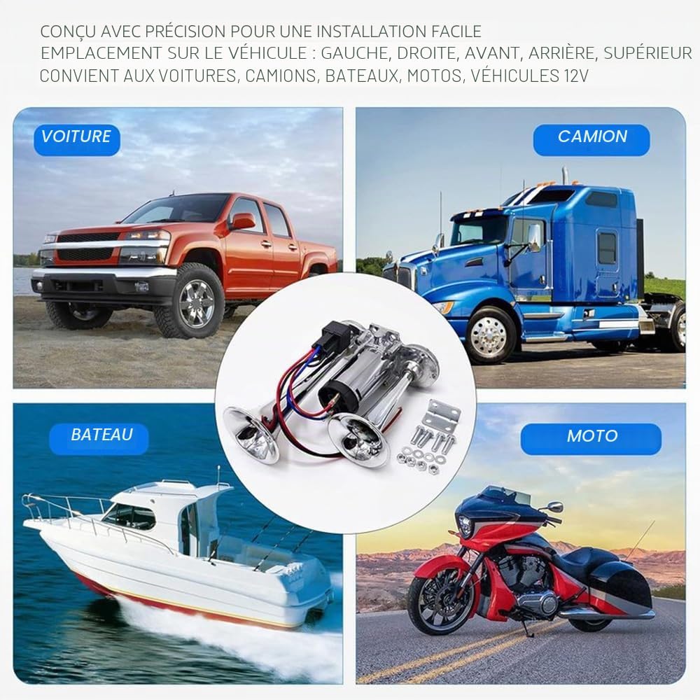 Klaxon de camion à double trompette 12V super fort - Klaxon électrique à air avec compresseur pour voiture, camion, train, moto, bateau