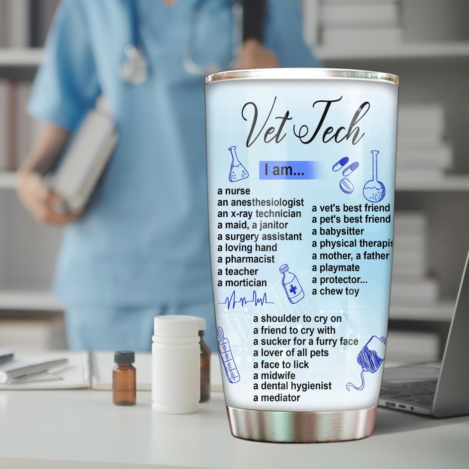 Funny Vet Tech Gifts - Vet Med Tumbler Stainless Steel 20oz Straw Lid, Veterinary Gifts For Women Men, Vet Tech Appreciation Week Gift For Student Technician Assistant Coffee Cups (VM01) - Image 6