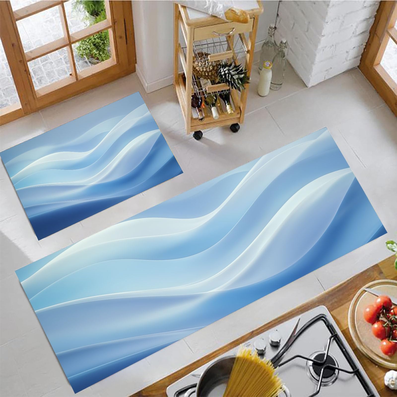 Alfombra de cocina antideslizante y lavable con diseño de ondas 3D azul cielo