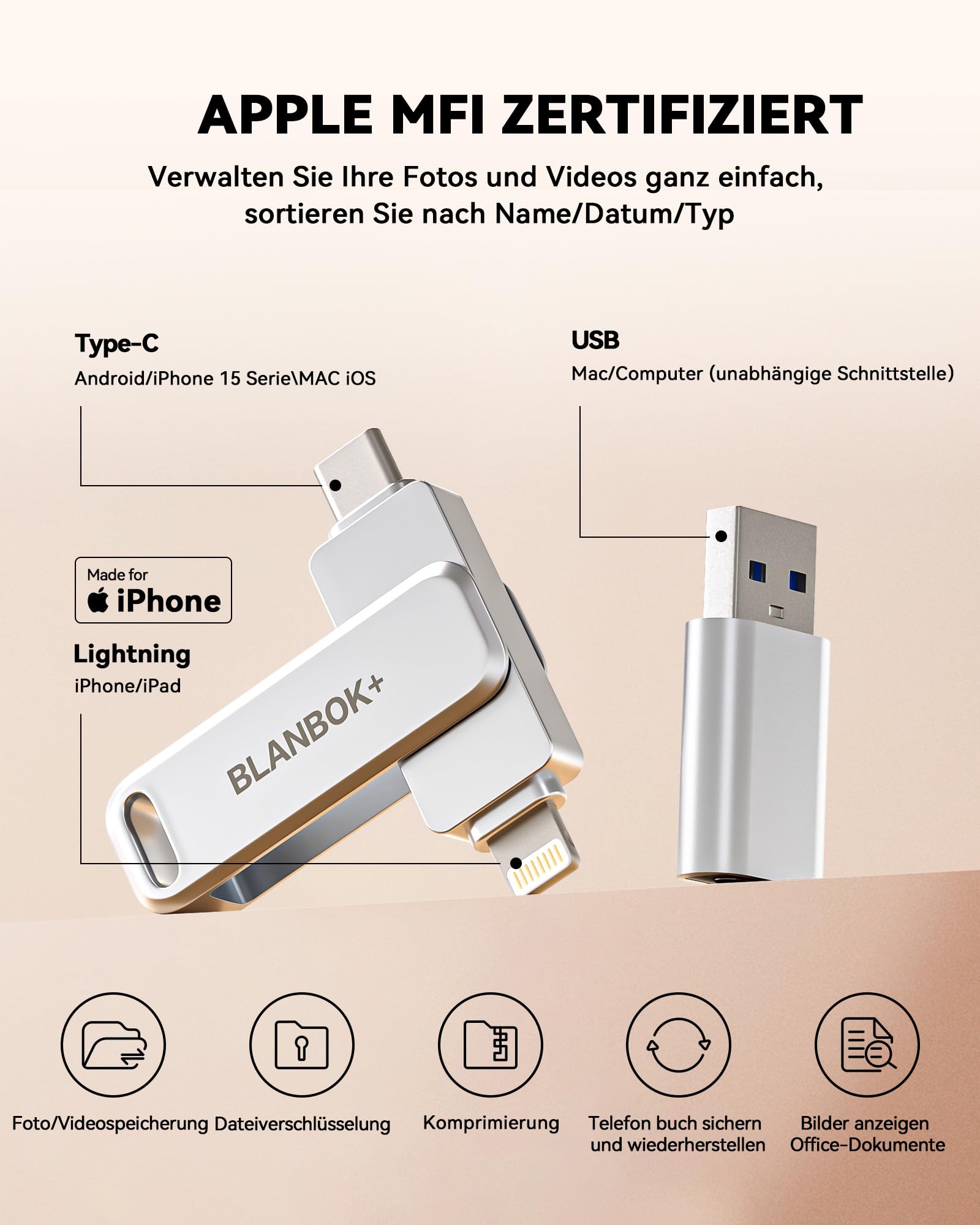 MFi Zertifizierter 128GB USB C Stick für iPhone 15, 3 in 1 Memory Stick, Externer Speicher für Lightning/iPhone/iPad/Android Handy/Laptop/PC