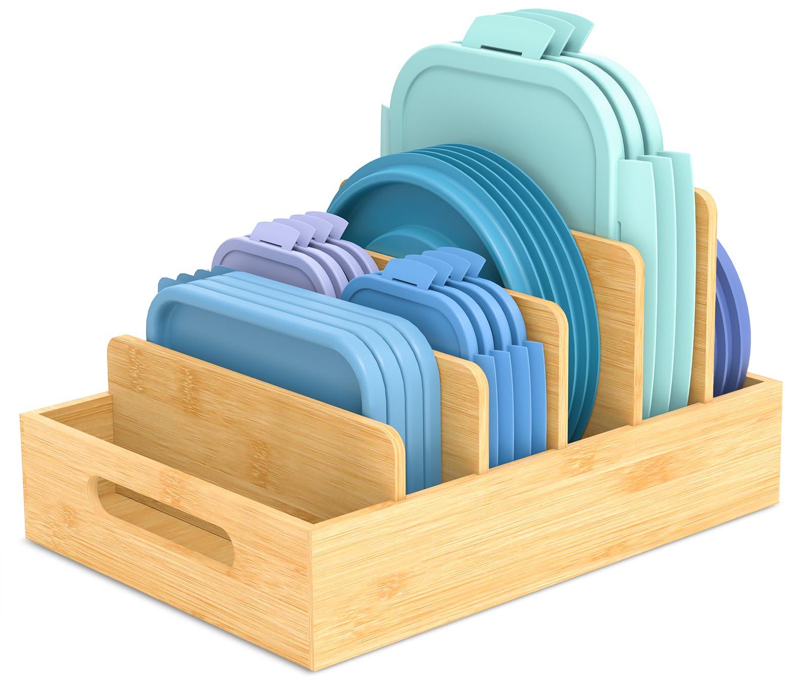 Retro ShawRetro Shaw Food Container Lid Organizer with Tall Dividers, Bamboo Lid Organizer for Plastic Lids and Covers, Lid Organizer with Adjustable Dividers for Kitchen Cabinet Drawer Organization Storage