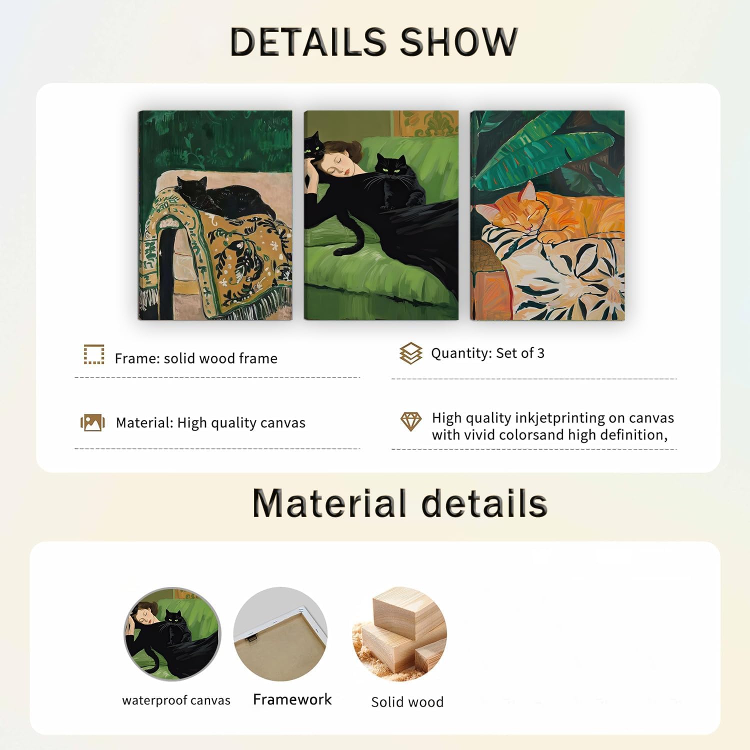 3Pcs Vintage Black Cat Canvas Wall Art Emerald Green And Orange Poster Print Sofa Sleeping Woman With Black Cat Awall Deocr Retro Pictuer Painting For Living Room Bedroom Bathroom Home Decoration​ 16×24 in( Canvas stretched over a wooden frame)