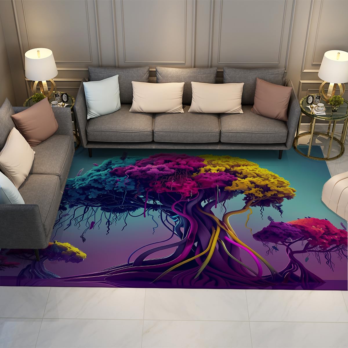 Dywan 60 x 120 cm Salon Dywan Rainbow Drzewo Psychodeliczne Dywany do wnętrz Niski stos Surrealizm Fantasy Forest Antypoślizgowa podłoga Dywan do jadalni Sypialnia