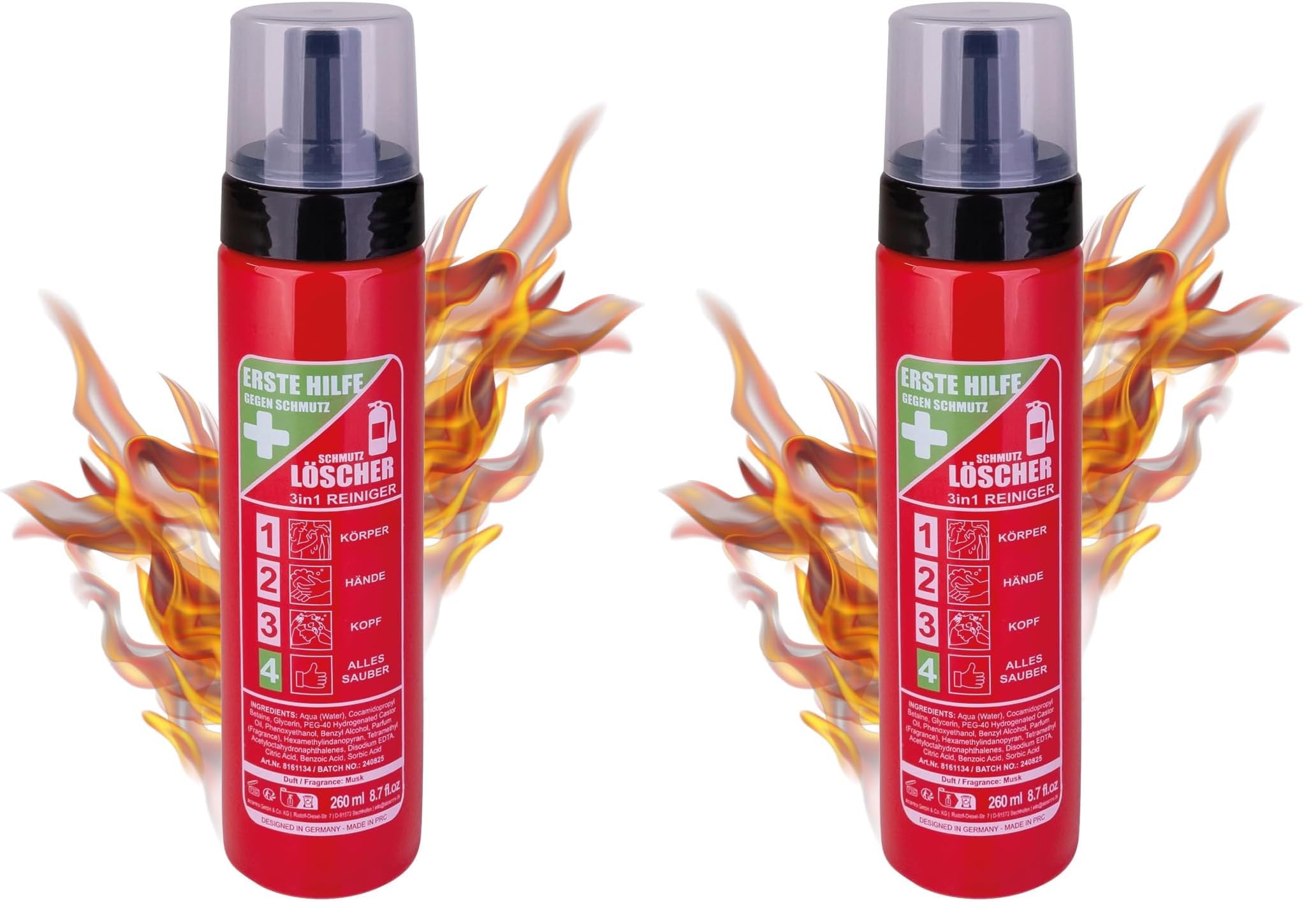 Accentra 3 in 1 Duschgel & Shampoo SCHMUTZLÖSCHER in Flasche in Feuerlöscher-Optik, 260ml "Löschschaum" für Körper, Hände und Haare im Feuerwehr-Design (Packung mit 2)