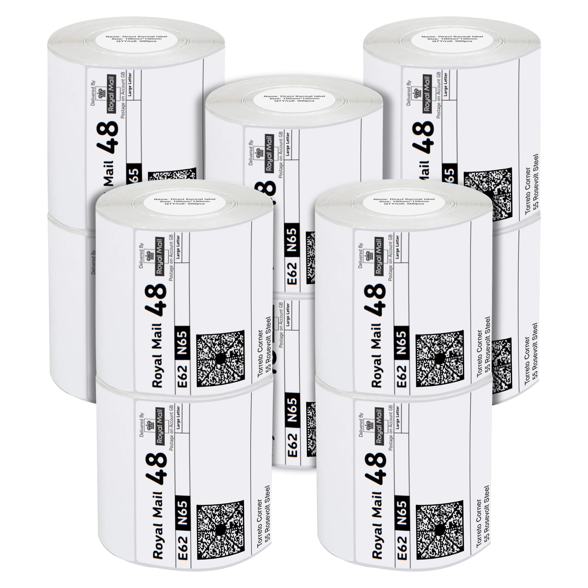 iSOUL 4X6 Direct Thermal Printer Labels Roll 100mm x 150mm 500 White Permanent Adhesive Shipping Labels Rolls Compatible with Etsy, Shopify, Amazon, Royal Mail, FedEx (10 Rolls)