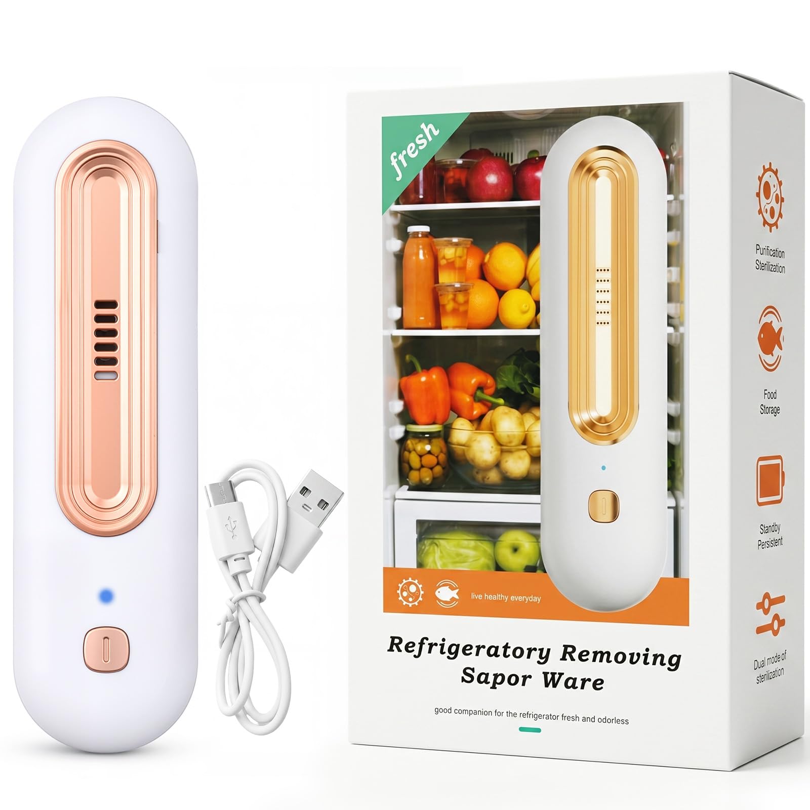Rechargeable Fridge Deodoriser, Mini USB Fridge Freshener, Gold