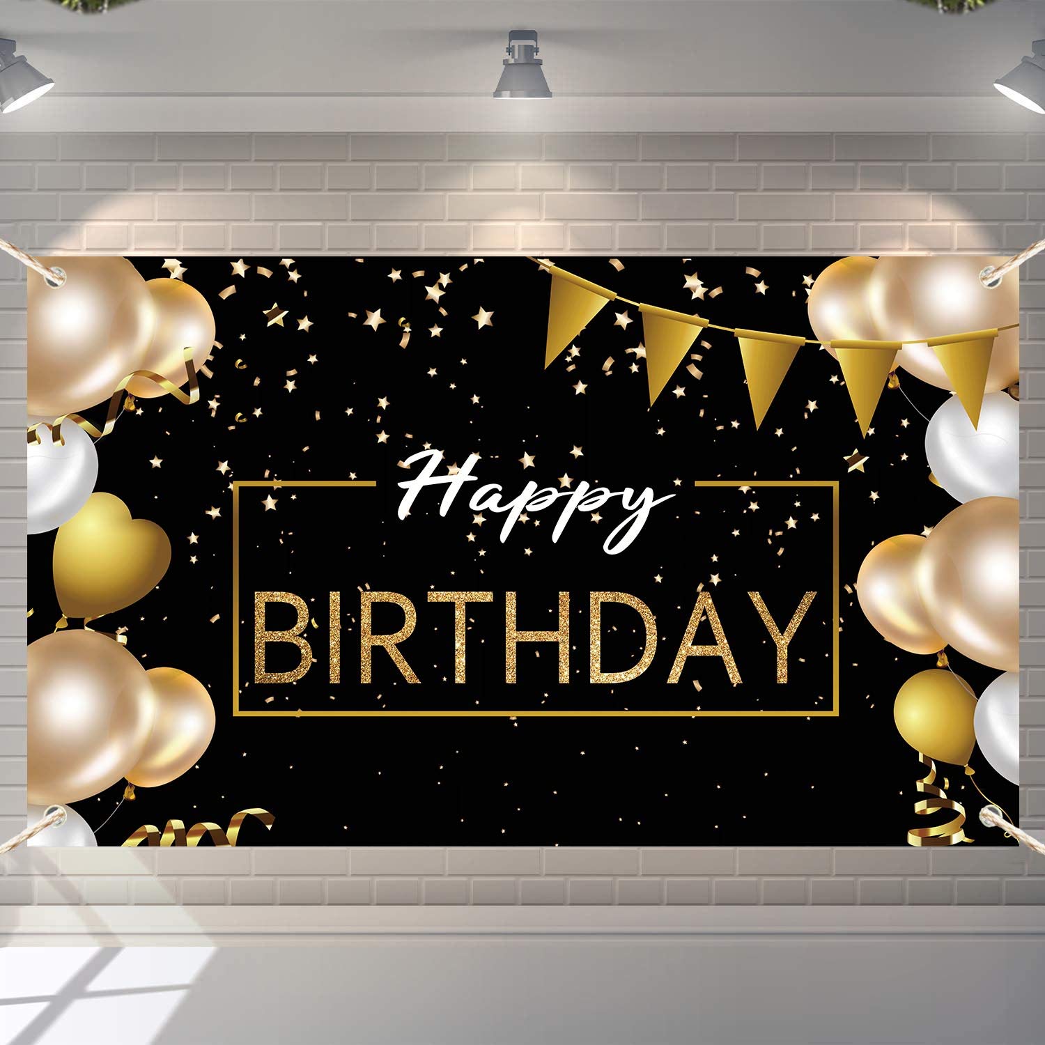 Happy Birthday Backdrop Black Gold, Large Bday Background for Men Women, Birthday Party  for Adults