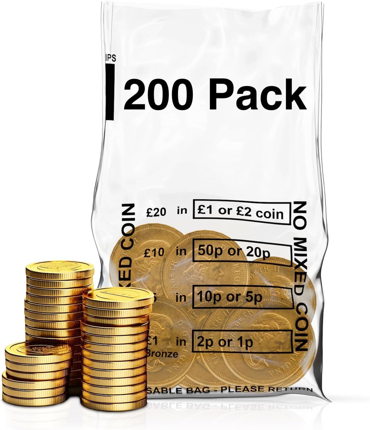 Pack of 200 - Clear Plastic Money Bank Bags | No Mixed Coins Banking Bags for Change Handling Shop Business Home Office
