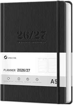 Lonely Oak A5 Academic Diary 2026-2027 Week to View, Daily Weekly Planner | 13 Months Faux Leather School Year Monthly Calendar Diary from Jul.2026 to Jul.2027 5.75" x 8.4" Black