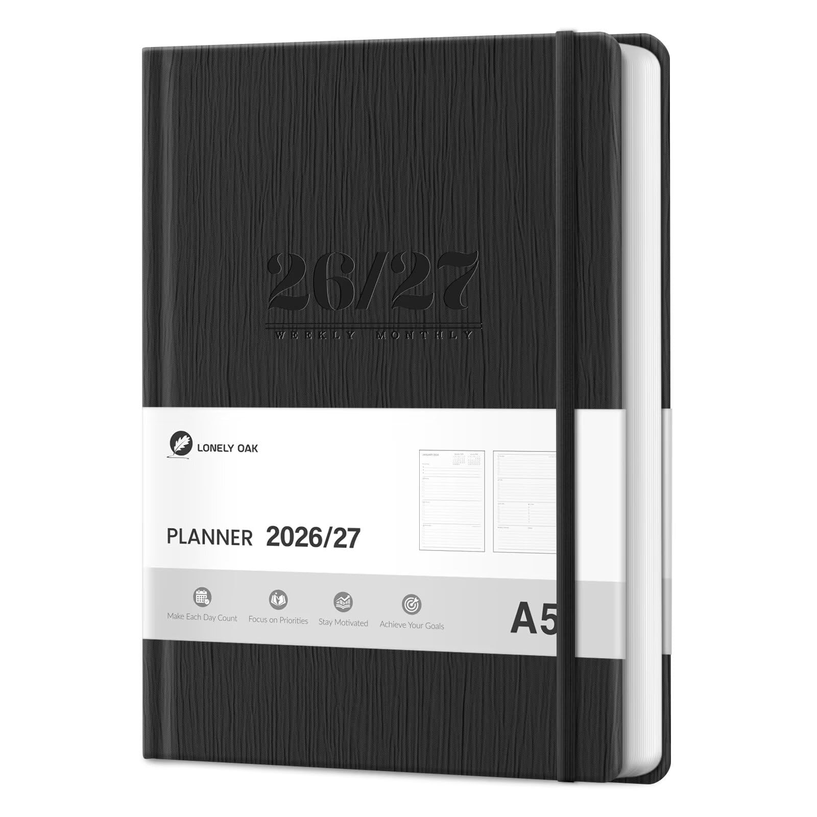 Lonely Oak A5 Academic Diary 2026-2027 Week to View  Daily Weekly Planner 5.75" x 8.4"  13 Months Faux Leather School Year Monthly Calendar Diary from Jul.2026 to Jul.2027 for Student(Black)