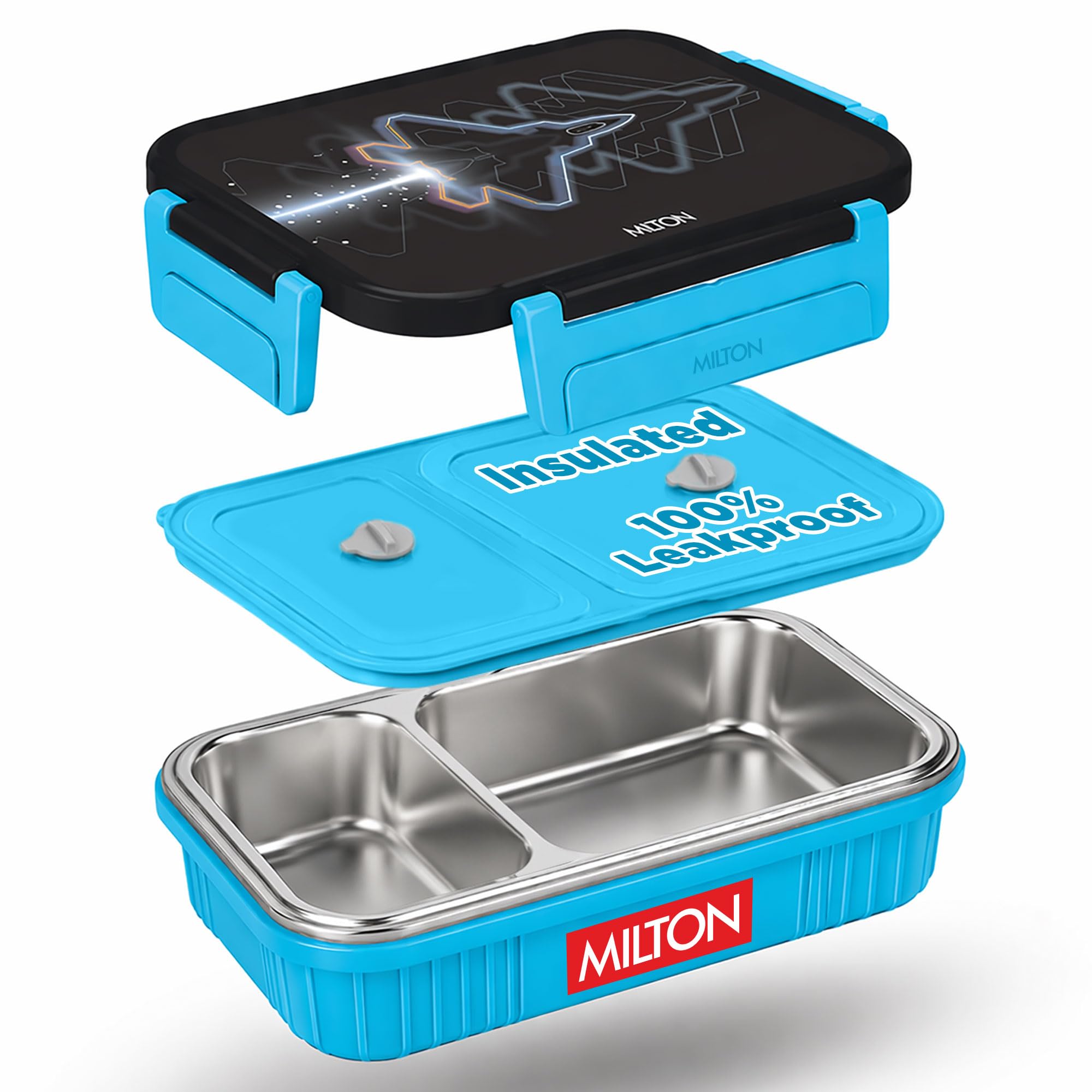 MILTON Meal Safe 2 Inner Stainless Steel Tiffin Box for School with Steam Release Plug | PU Insulated, Leak-Proof, Food Grade I Lunch Box for Kids Boys, Girls with Snap Lock Lid, 465 ml, Blue