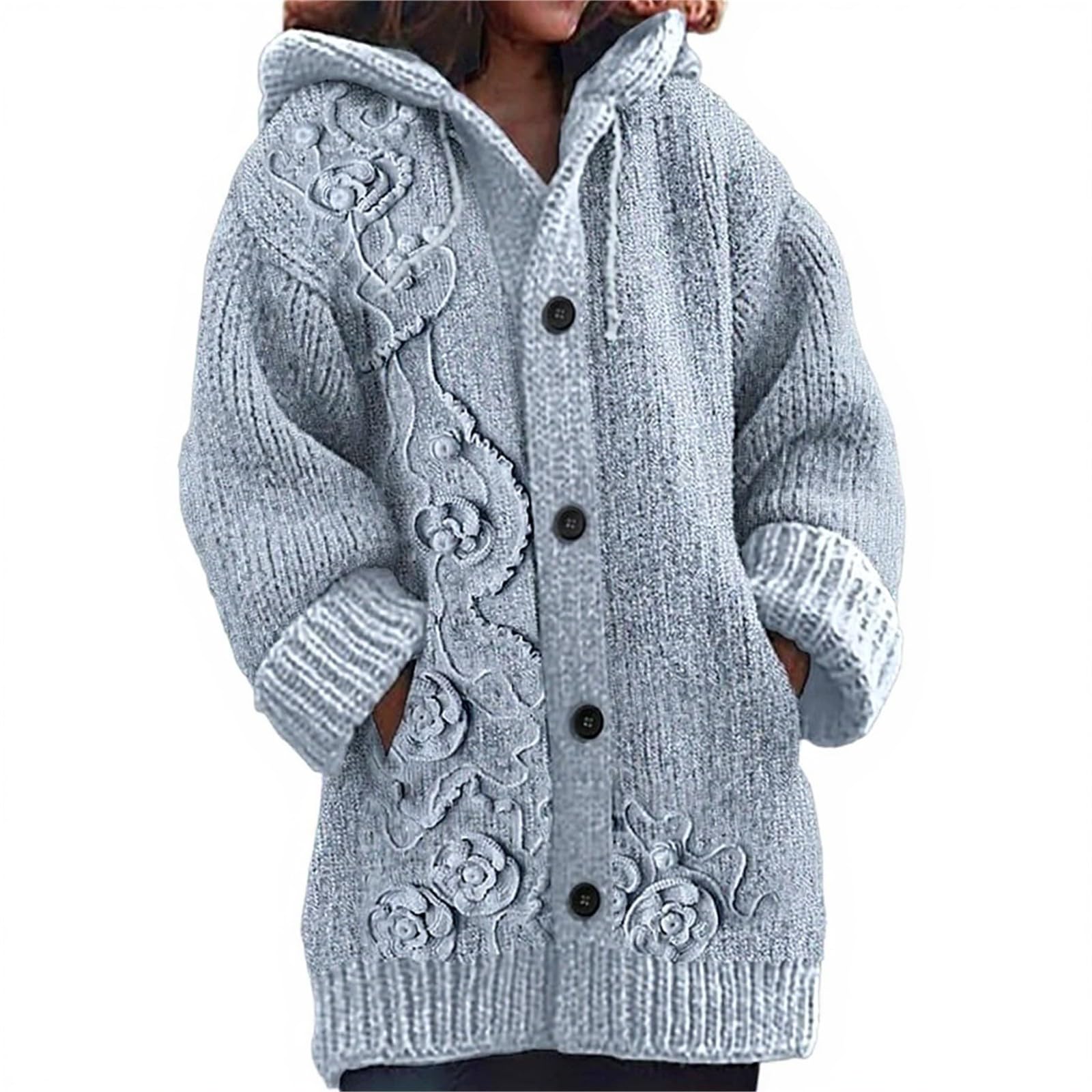 Womens Hooded Knit Cardigans Ethnic Animal Prints Cozy Button-Up Design for Casual Boho Winter Fashion