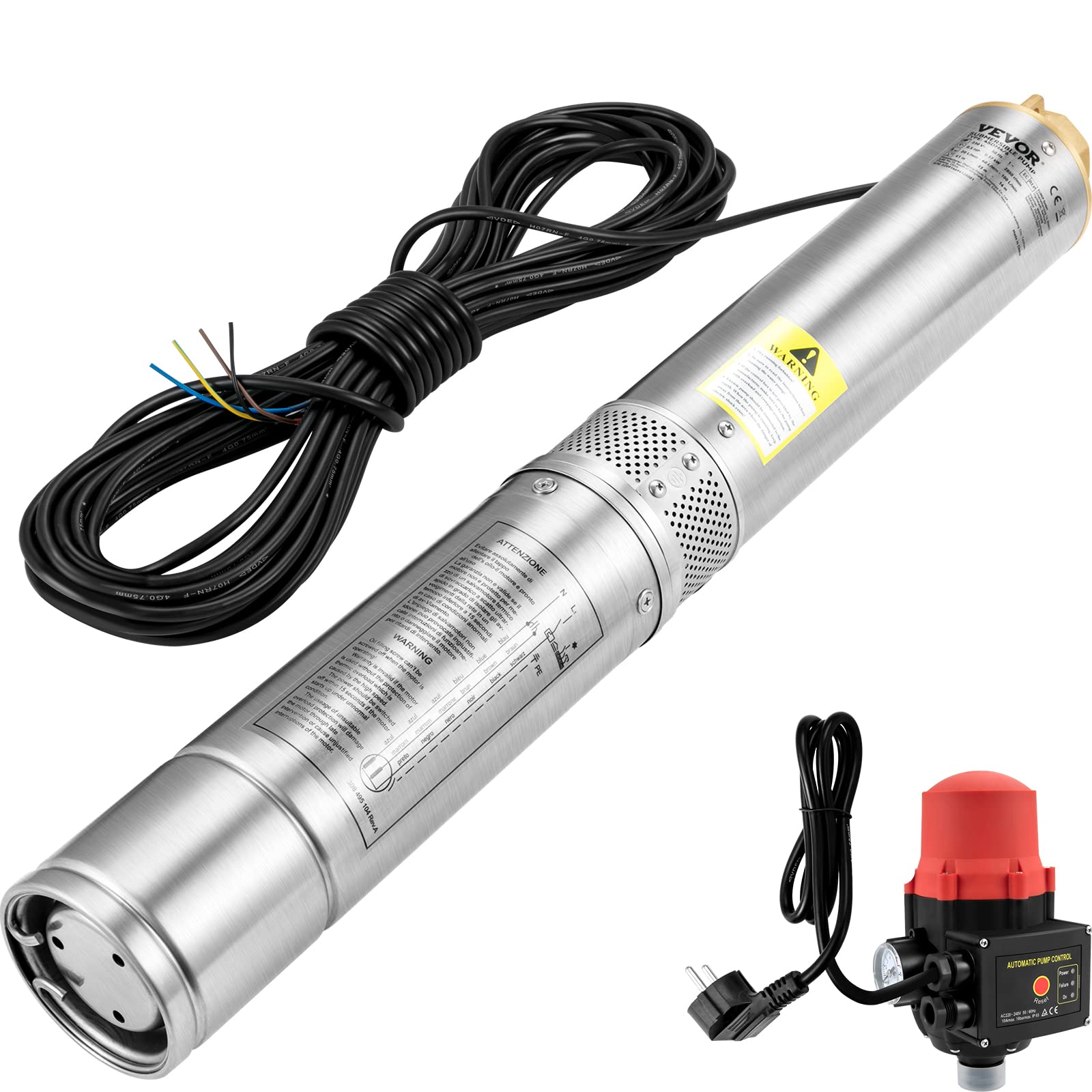 VEVOR 3, 5" Tiefbrunnenpumpe 750W Brunnenpumpe 105L/min Tauchpumpe max. Förderhöhe 62m Rohrpumpe 230V 50Hz Sandpumpe IP68 Wasserpumpe 11 Laufradstufen Pumpe Ideal zur Bewässerung, Silber