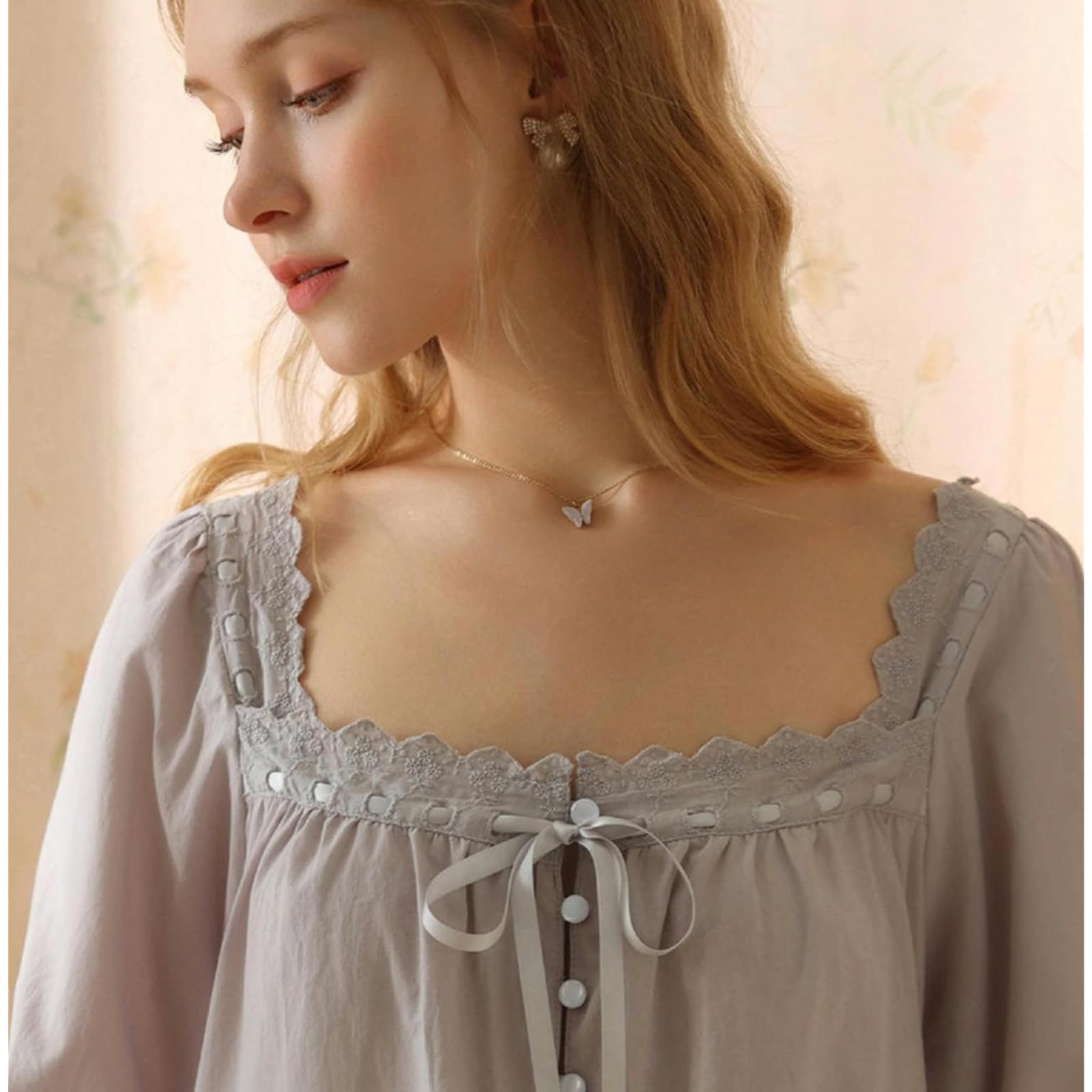 Camicia Notte Donna Palace Princess Style Nightdress Women Spring And Autumn Cotton Long Long Long Long Pigias Donne Plus Size Home-Manica Lunga Rosa-XL