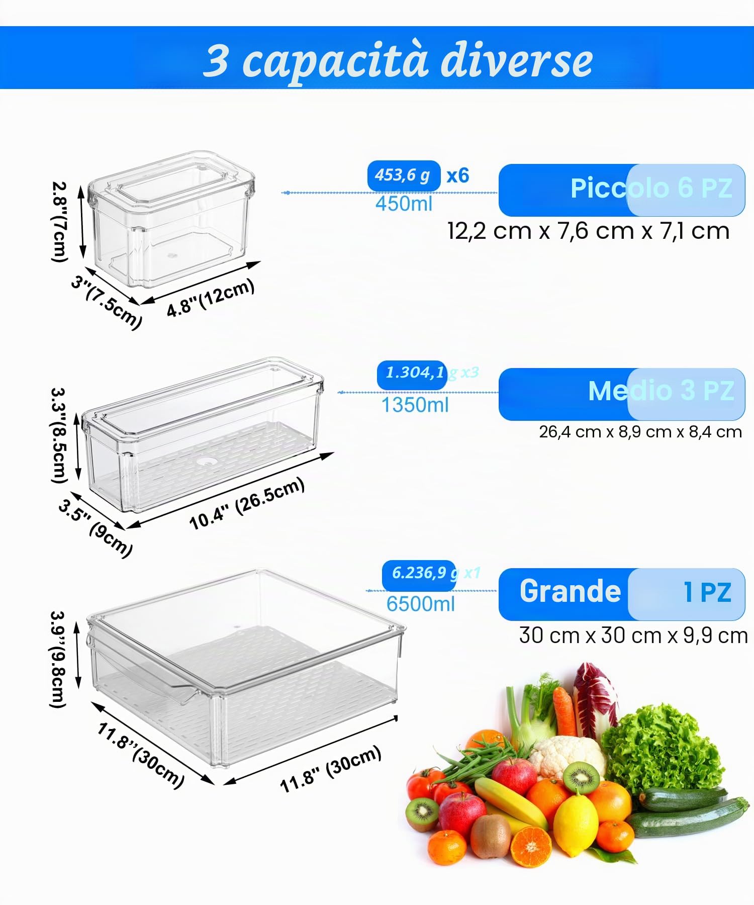 KUMD Organizer Frigorifero 10 Pezzi, Transparenti, Senza BPA - Contenitori frigo con Coperchi per Frutta, Verdura e Cucina, Accessori Frigorifero