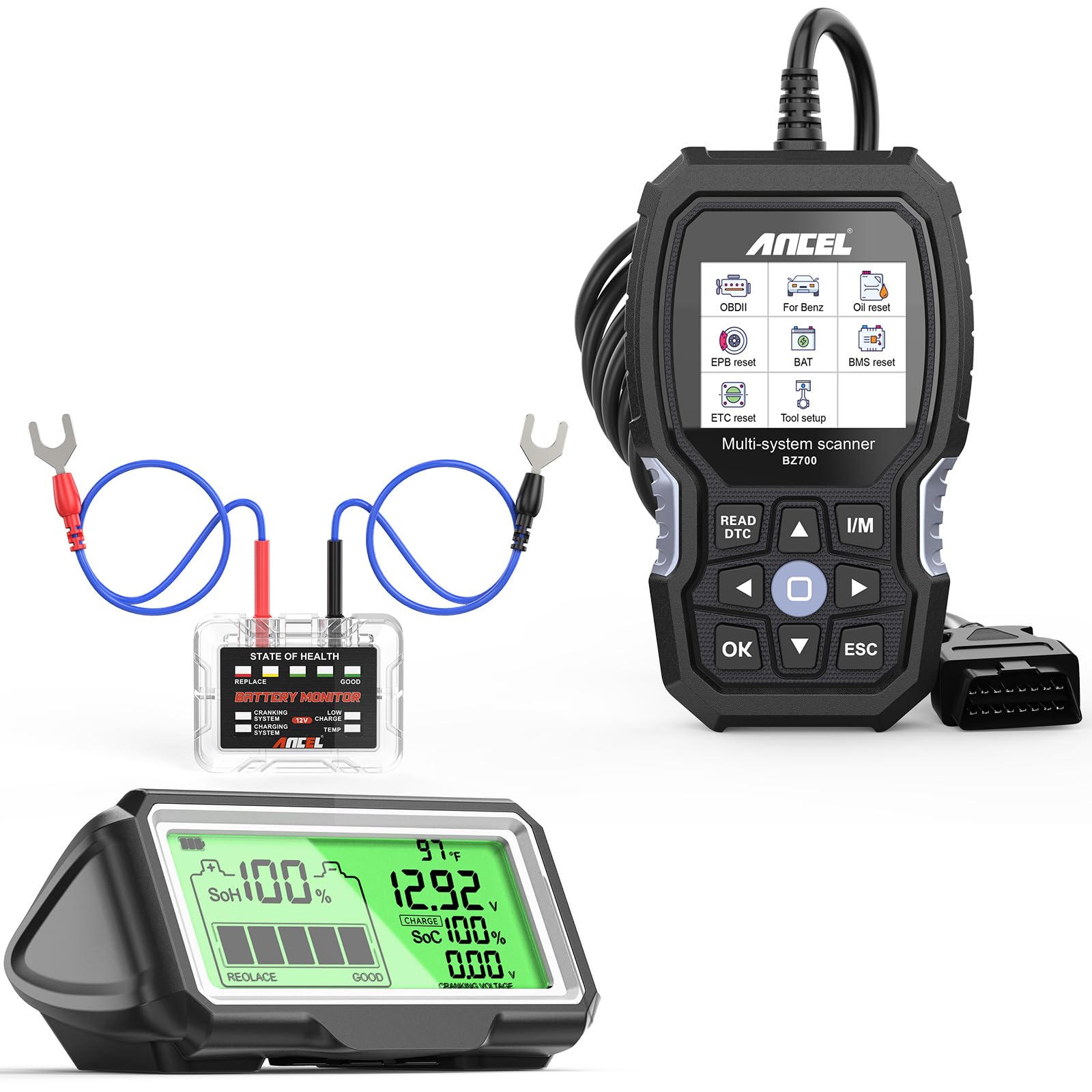 ANCELBZ700 OBD2 Scanner fit for Mercedes Benz Sprinter Smart,Full System Car Code Reader Diagnostic Tool with All Reset Services ANCEL BM200 Pro Car Battery Tester Battery Monitor