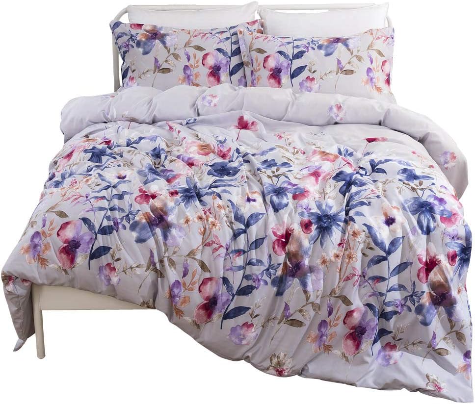 Loussiesd King Size White Duvet Cover Set With Watercolor Floral Printed, 3 Piece Luxury Microfiber Quilt Cover Set With Zipper Closure for Women Rustic Farmhouse