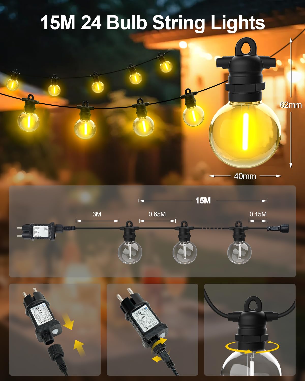 Cadena de luces LED para exteriores, luz blanca cálida y cambio de color, 15 m, 24 bombillas, 8 modos, cadena de luces para exteriores con mando a distancia, IP68 G40, cadena de luces para