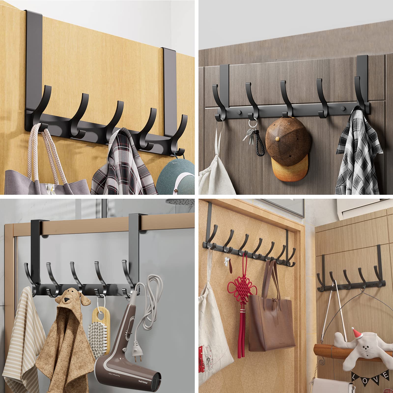 Appendiabiti da Porta Nero , Ganci Appendiabiti per Porta con 5 Ganci, Attaccapanni da Porta Senza Forare Gancio Porta Adatto per Camere da Letto Bagni