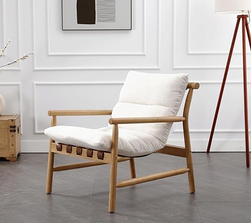 Miniatura 3 de Silla decorativa de lino moderna de mediados de siglo, silla cómoda con brazo con marco de madera maciza, silla de lectura tapizada, acogedora silla