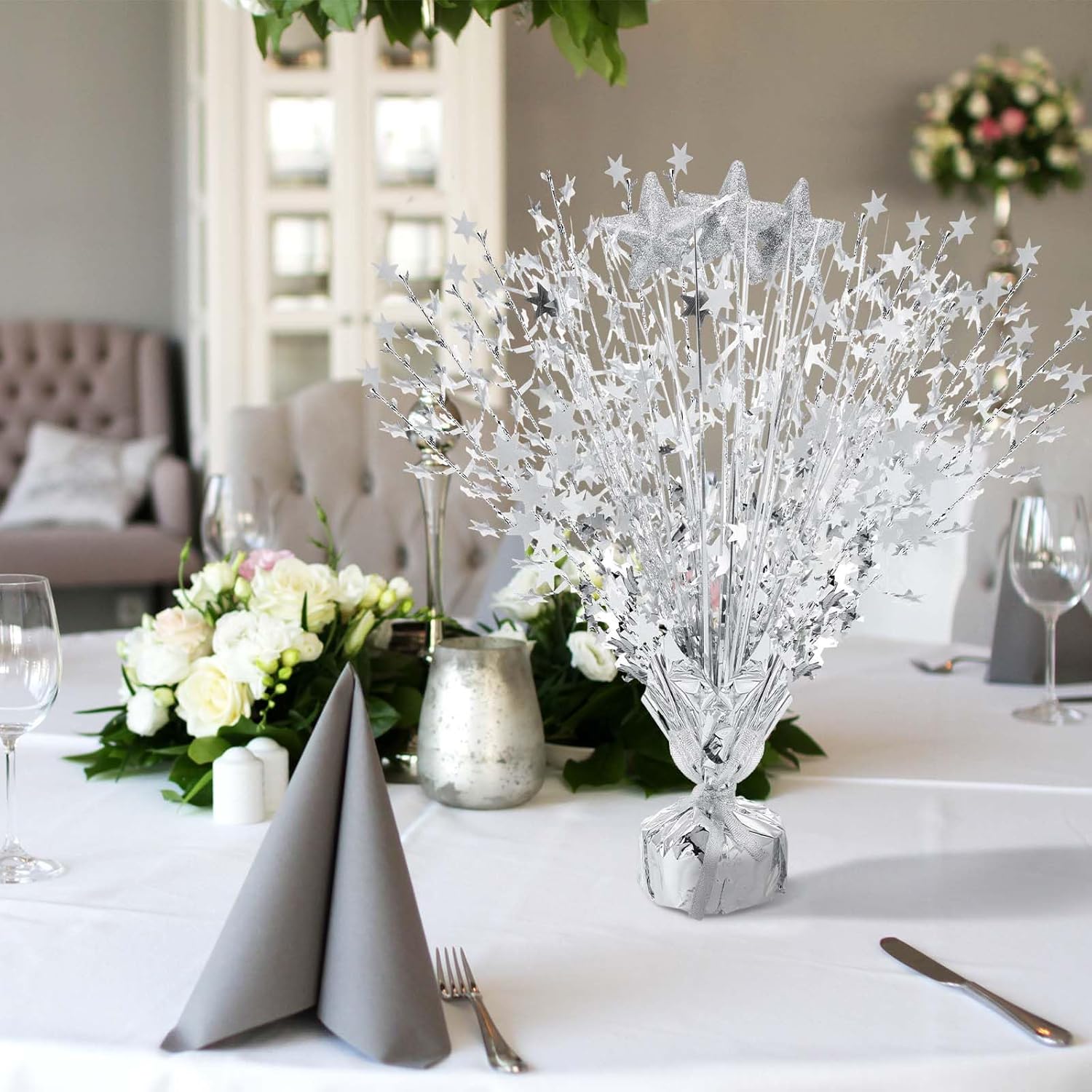 Wenqik 6 Pcs Graduation Table Centerpiece Party Decoration Spray Centerpiece Foil Star Centerpieces Table Decorations for Party Event Anniversary Memorial Dining Holiday Celebration(Silver)