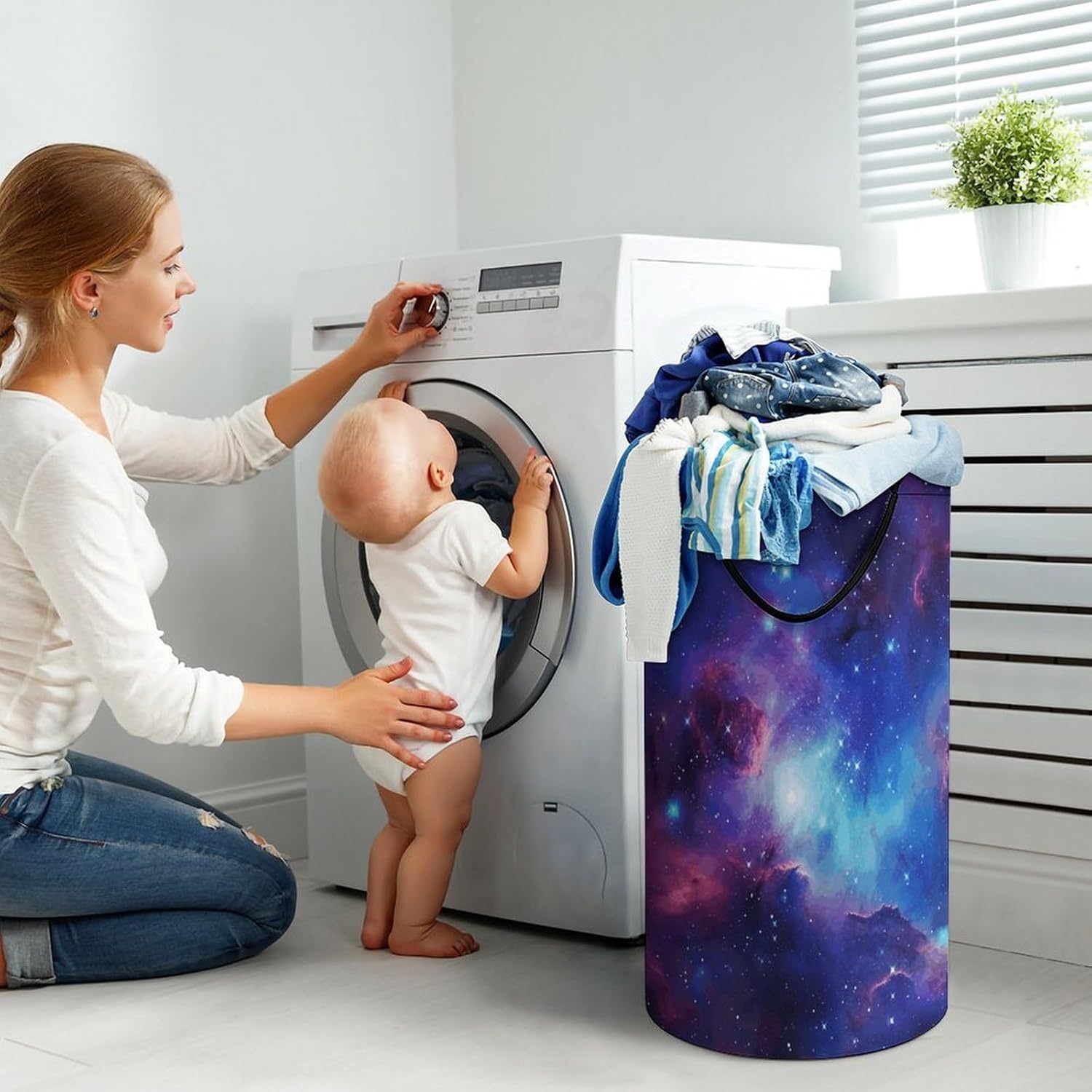 Galaxy Laundry Hamper with Handles Waterproof Collapsible Laundry Basket Large Lightweight Round Dirty Clothes Hamper for Home Dorm Bathroom Decor