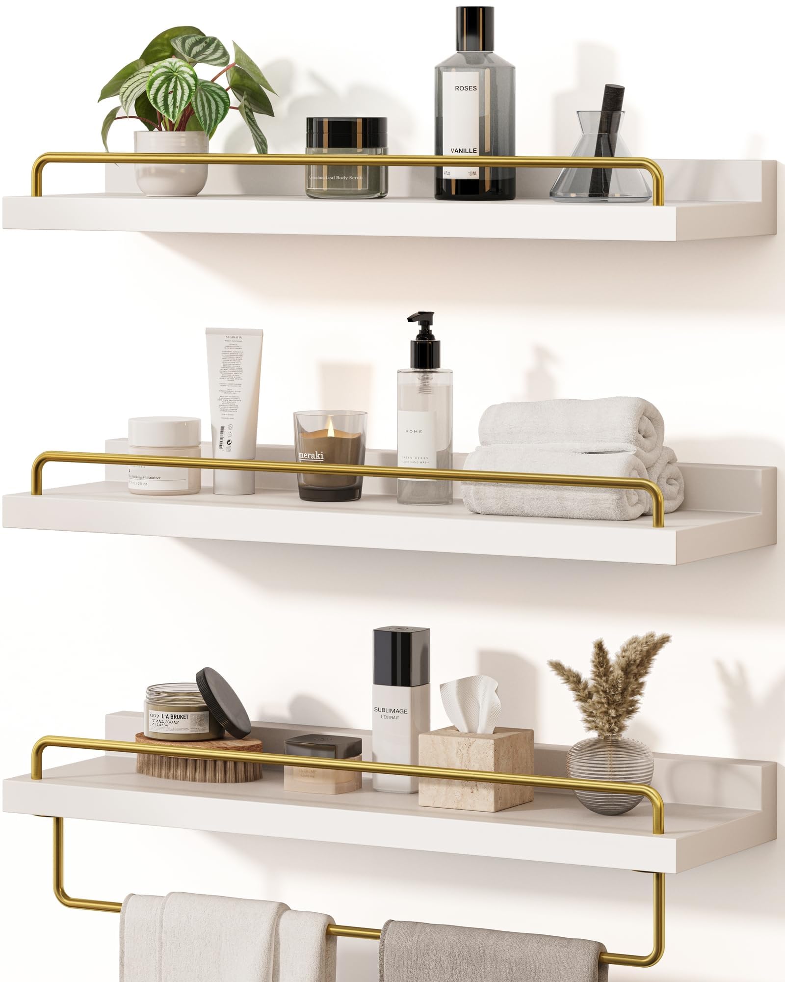 Seocry Bathroom Shelves, Wall Shelf Set of 3, Floating Shelves (White Gold, 15.7 Inches)
