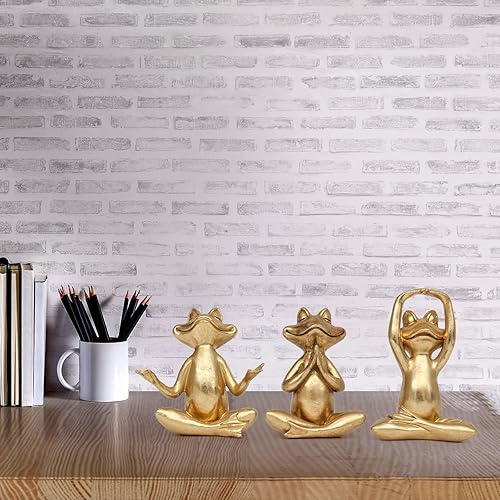 Miniatura 4 de Suoedd Figuras de rana dorada para decoración de yoga de 3.7 pulgadas, juego de 3 estatuas de yoga de rana para sala de estar moderna, mesa de
