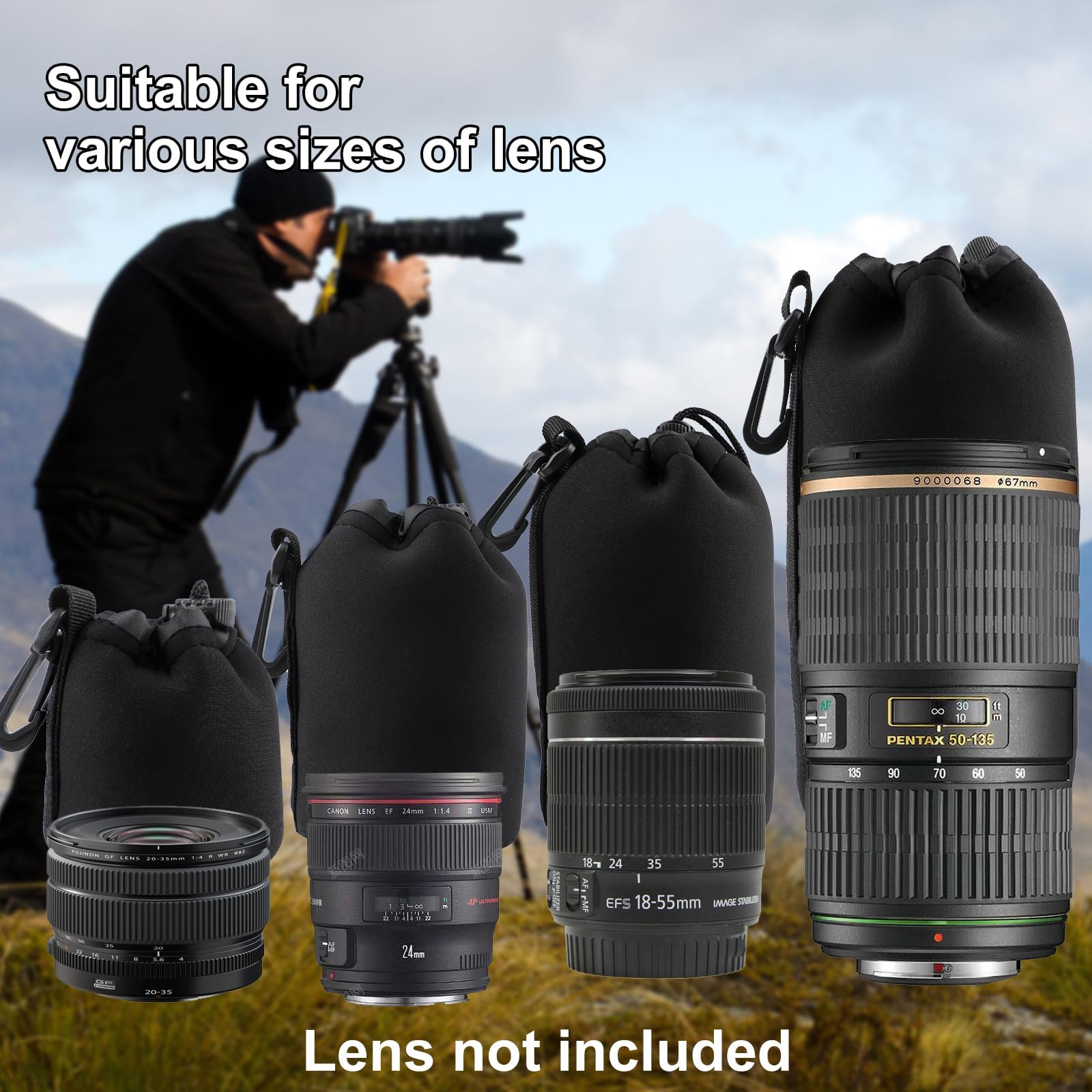 4 Stück Objektivtasche Set aus Neopren Objektivbeutel in 4 Größen,Schwarz mit Kordelzug, Kamerazubehör Schutz für Kamera Objektiv,weiche Schutzbeutel für DSLR Zubehör Canon Nikon Sony Pentax Olympus