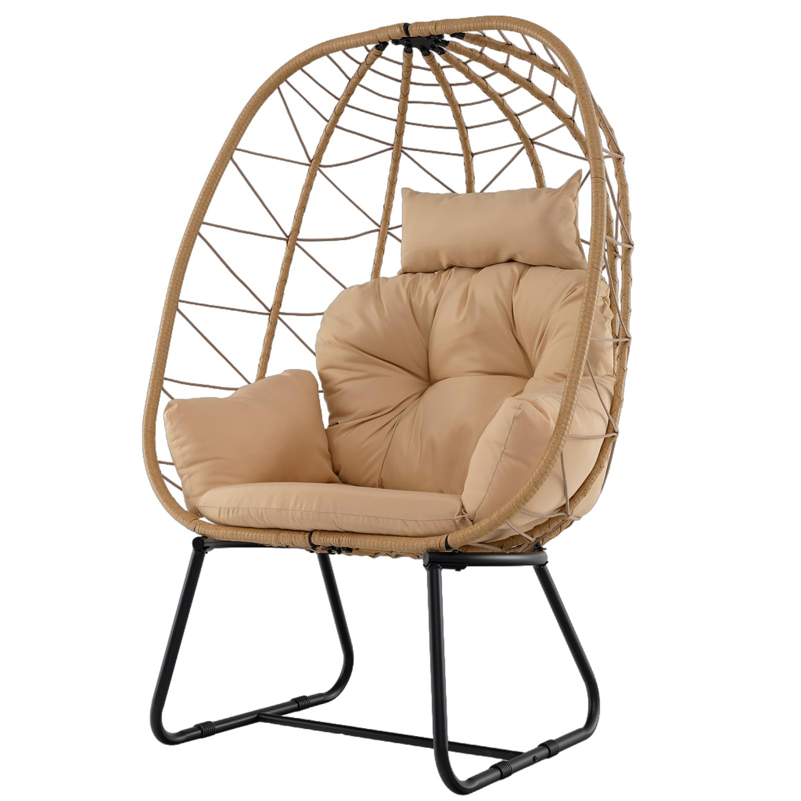 COSTWAY Fauteuil Oeuf sur Pieds avec Support en Métal, Hamac Balançoire sur Pied en Rotin PE avec Coussin Épais et Appui-Tête, Chaise Hamac pour l'Intérieur et l'Extérieur, Charge 150 KG (Beige)